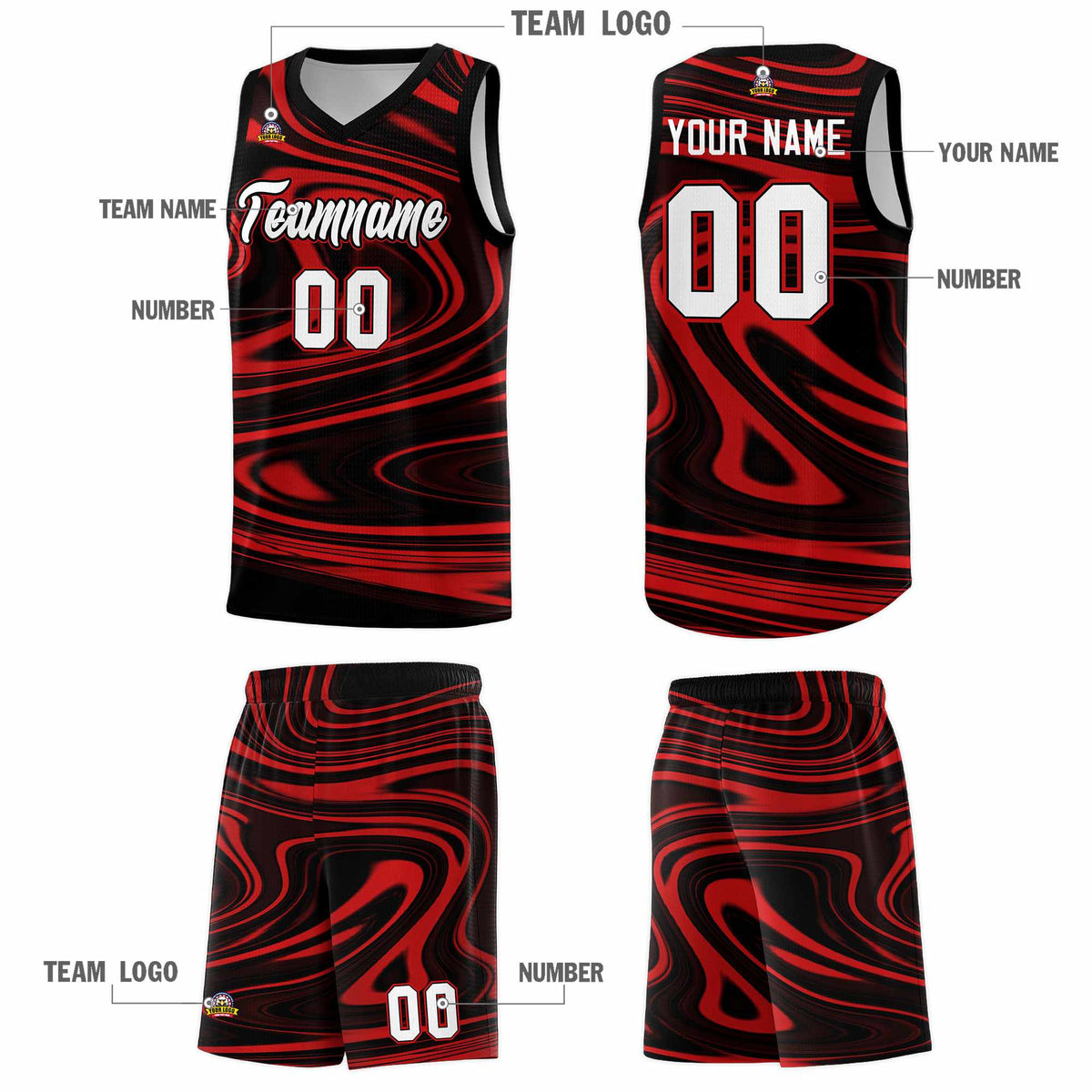 Custom Black Red Graffiti Pattern Fluids Style Sports Uniform Basketball Jersey Sets