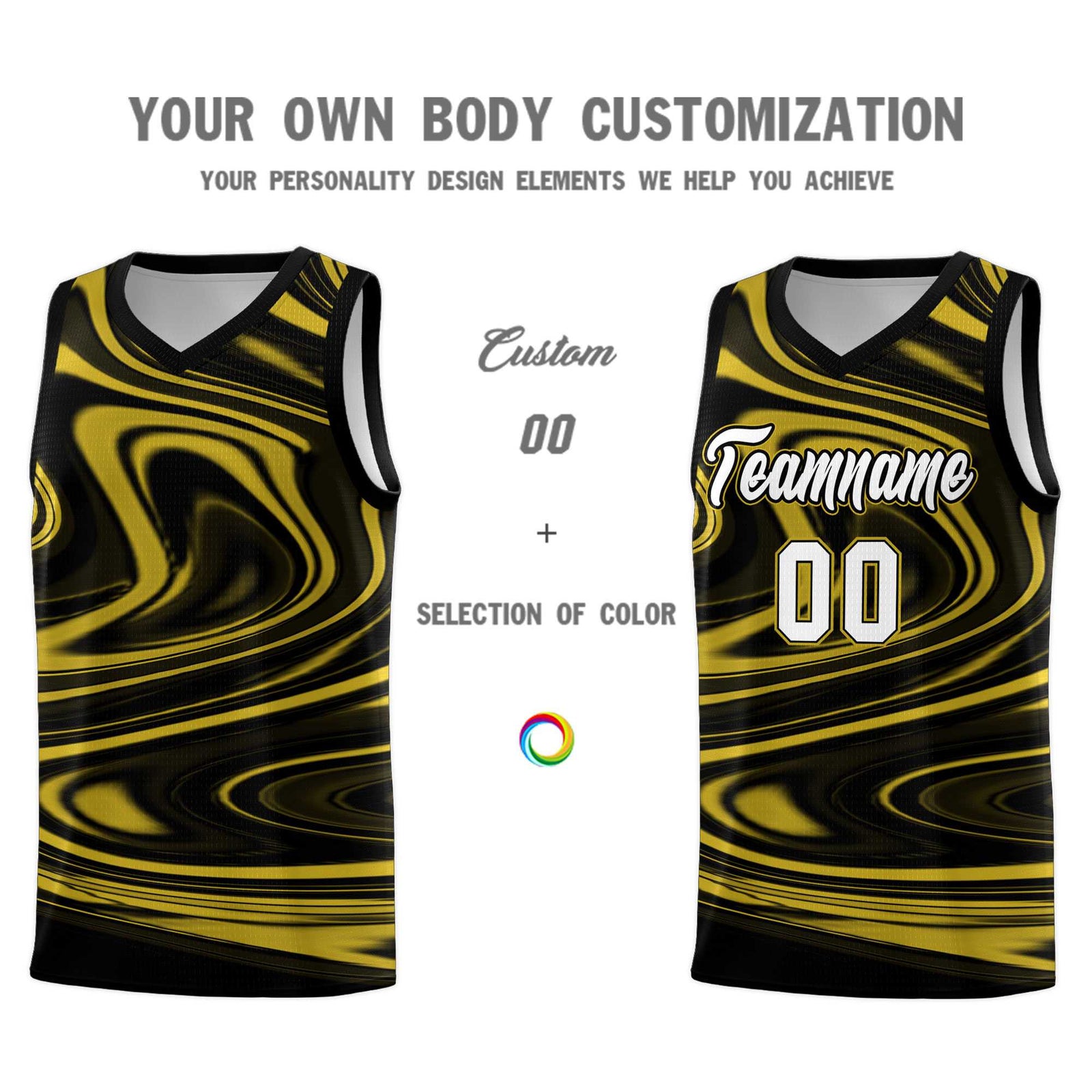 Custom Black Old Gold Graffiti Pattern Fluids Style Sports Uniform Basketball Jersey Sets