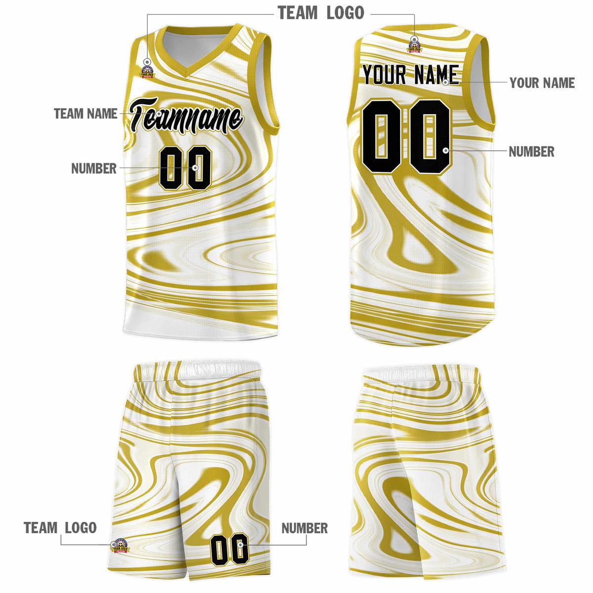 Custom White Old Gold Graffiti Pattern Fluids Style Sports Uniform Basketball Jersey Sets