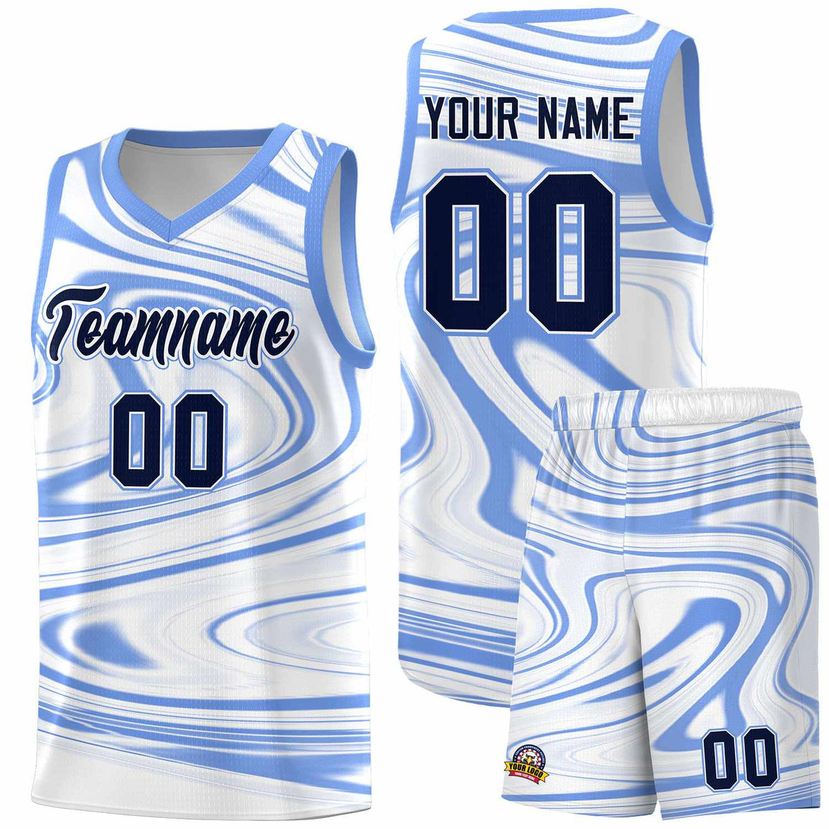 Custom White Light Blue Graffiti Pattern Fluids Style Sports Uniform Basketball Jersey Sets