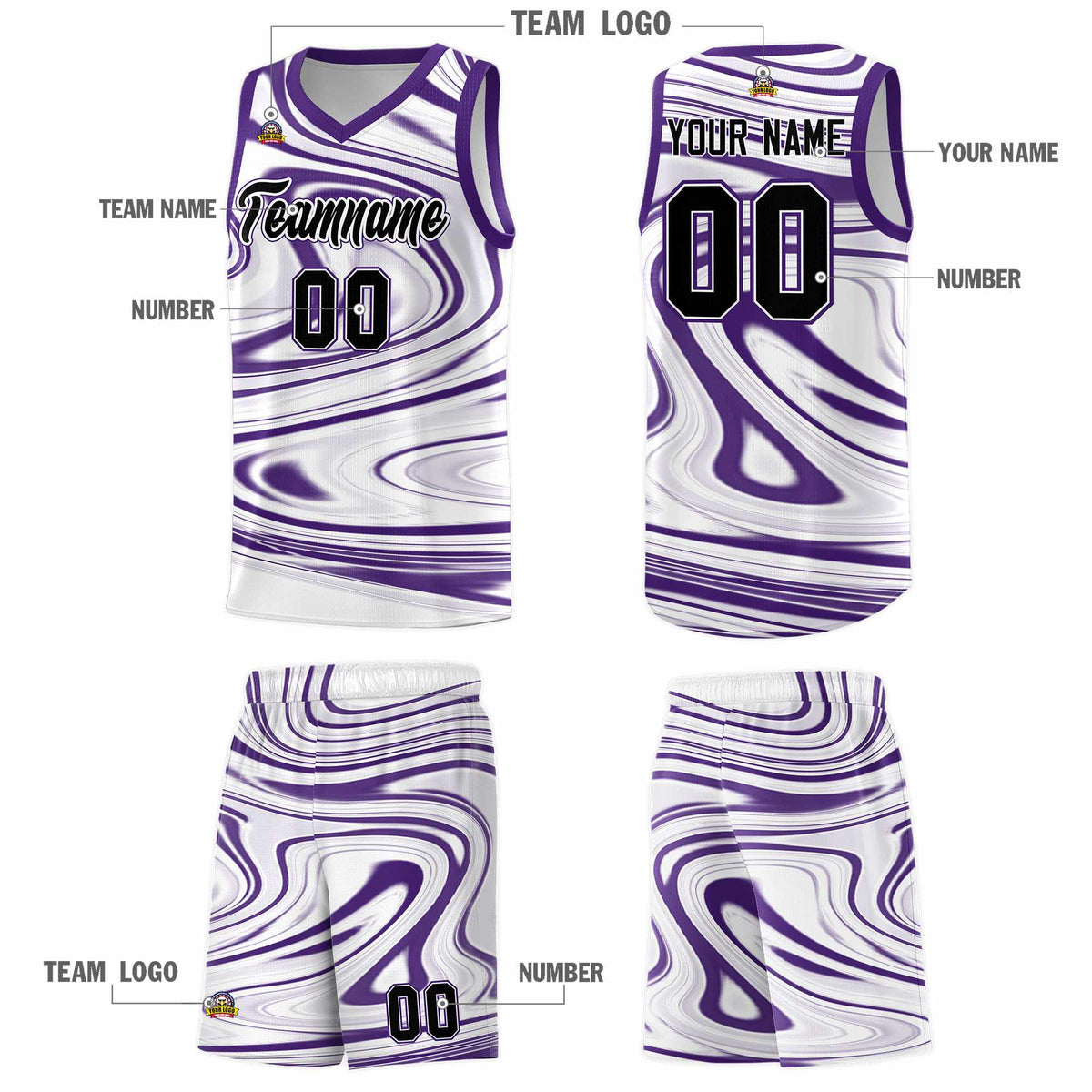 Custom White Purple Graffiti Pattern Fluids Style Sports Uniform Basketball Jersey Sets