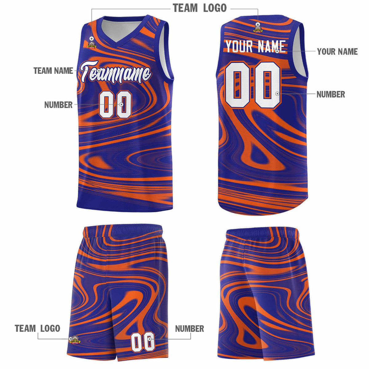 Custom Royal Orange Graffiti Pattern Fluids Style Sports Uniform Basketball Jersey Sets