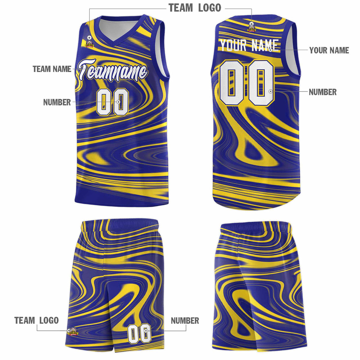 Custom Royal Gold Graffiti Pattern Fluids Style Sports Uniform Basketball Jersey Sets