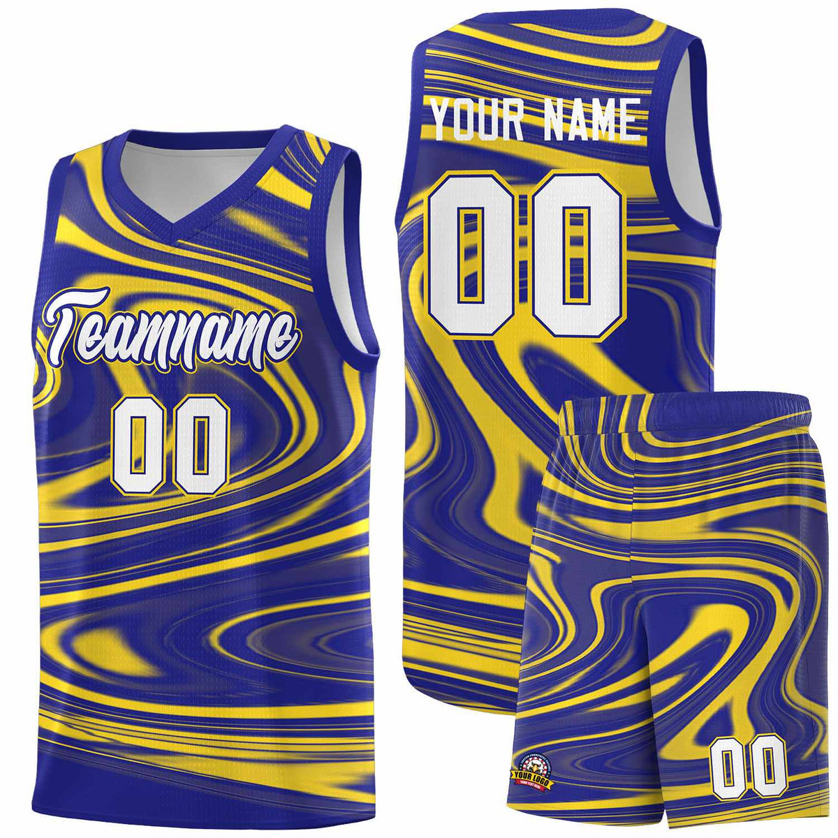 Custom Royal Gold Graffiti Pattern Fluids Style Sports Uniform Basketball Jersey Sets