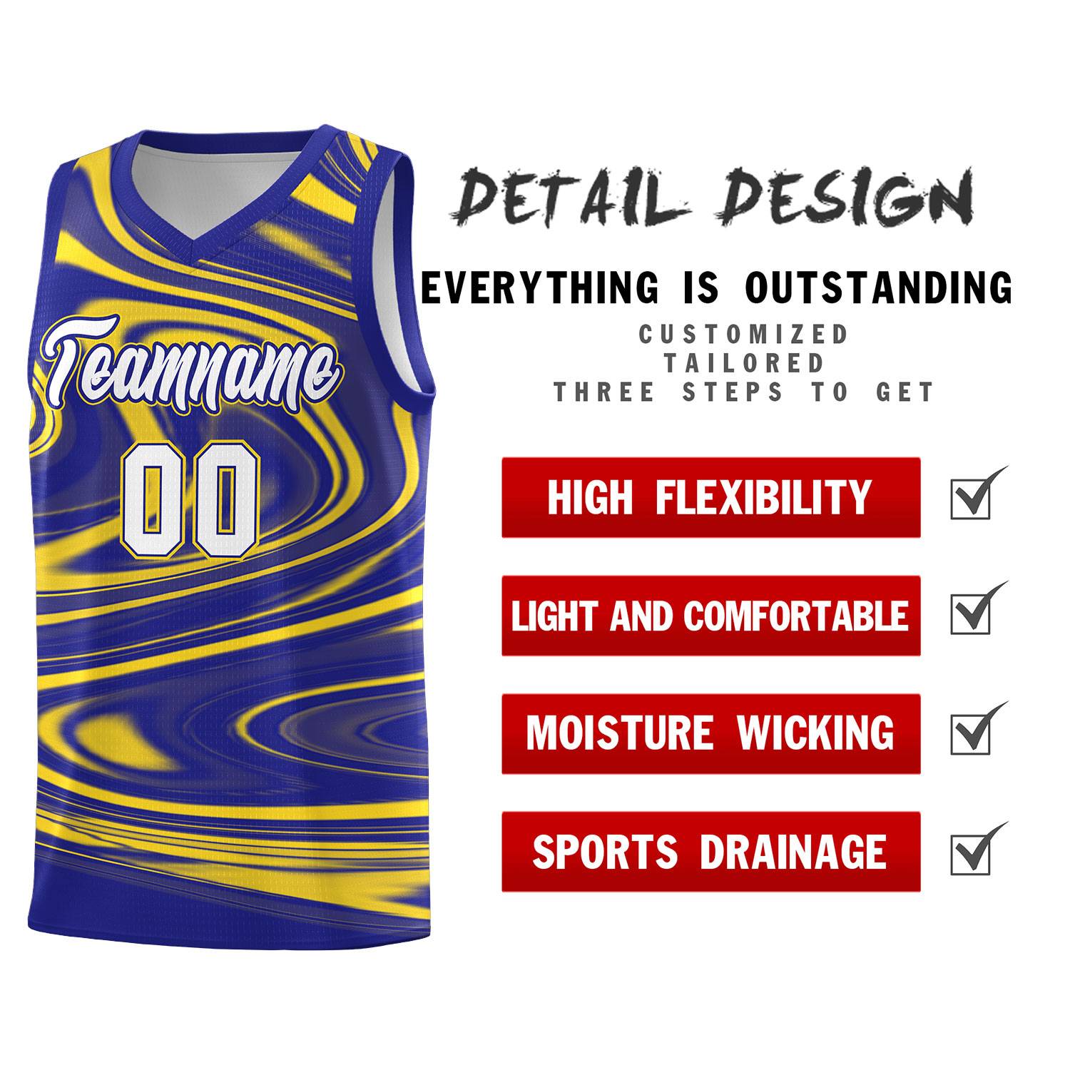 Custom Royal Gold Graffiti Pattern Fluids Style Sports Uniform Basketball Jersey Sets
