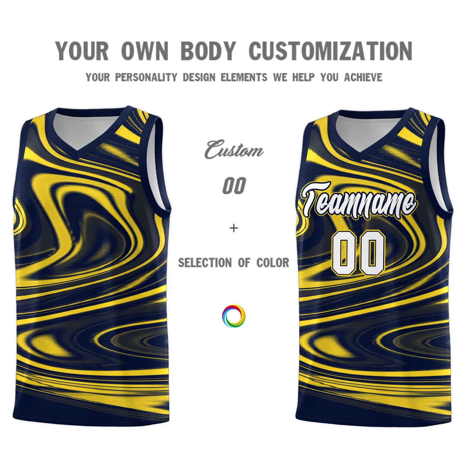 Custom Navy Gold Graffiti Pattern Fluids Style Sports Uniform Basketball Jersey Sets