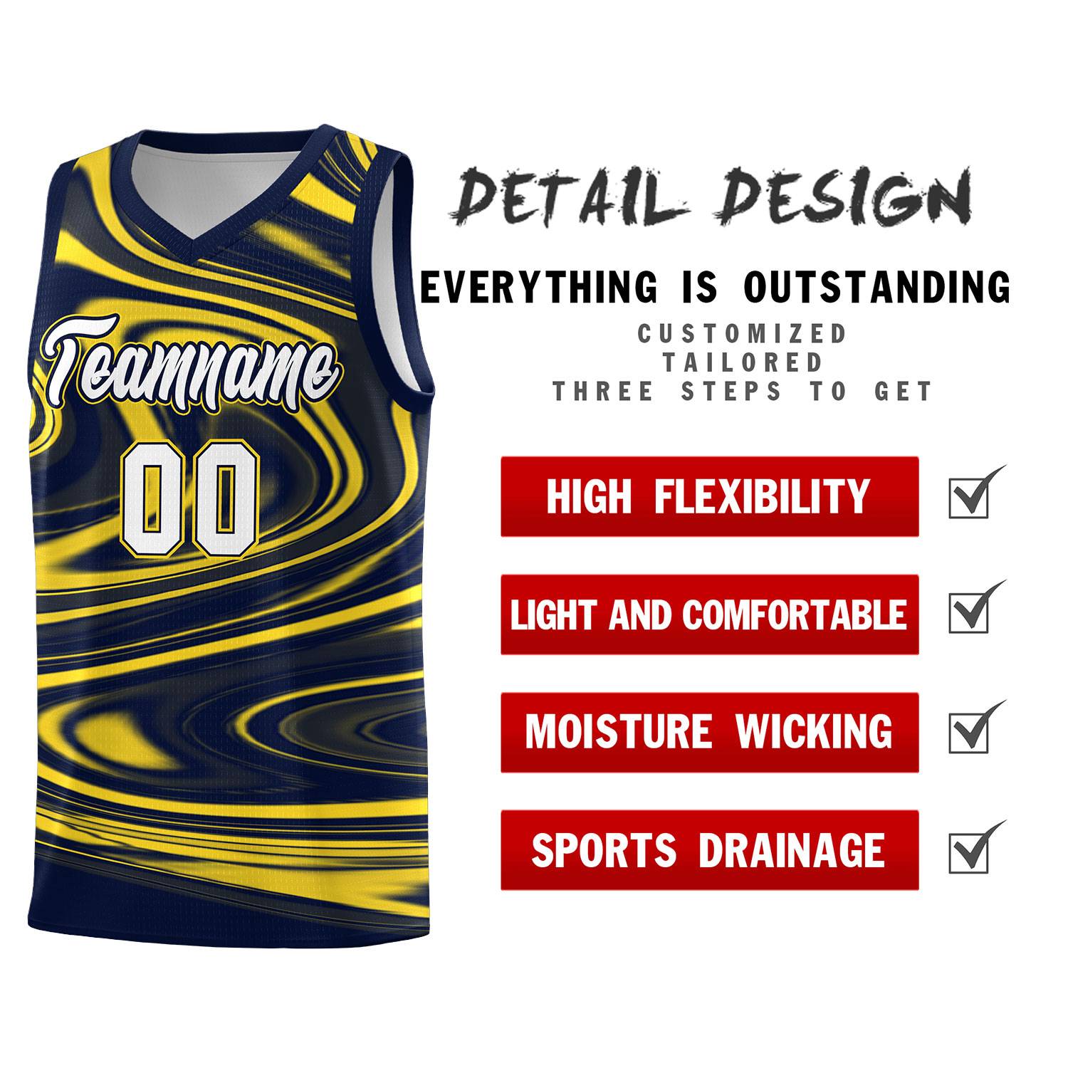 Custom Navy Gold Graffiti Pattern Fluids Style Sports Uniform Basketball Jersey Sets