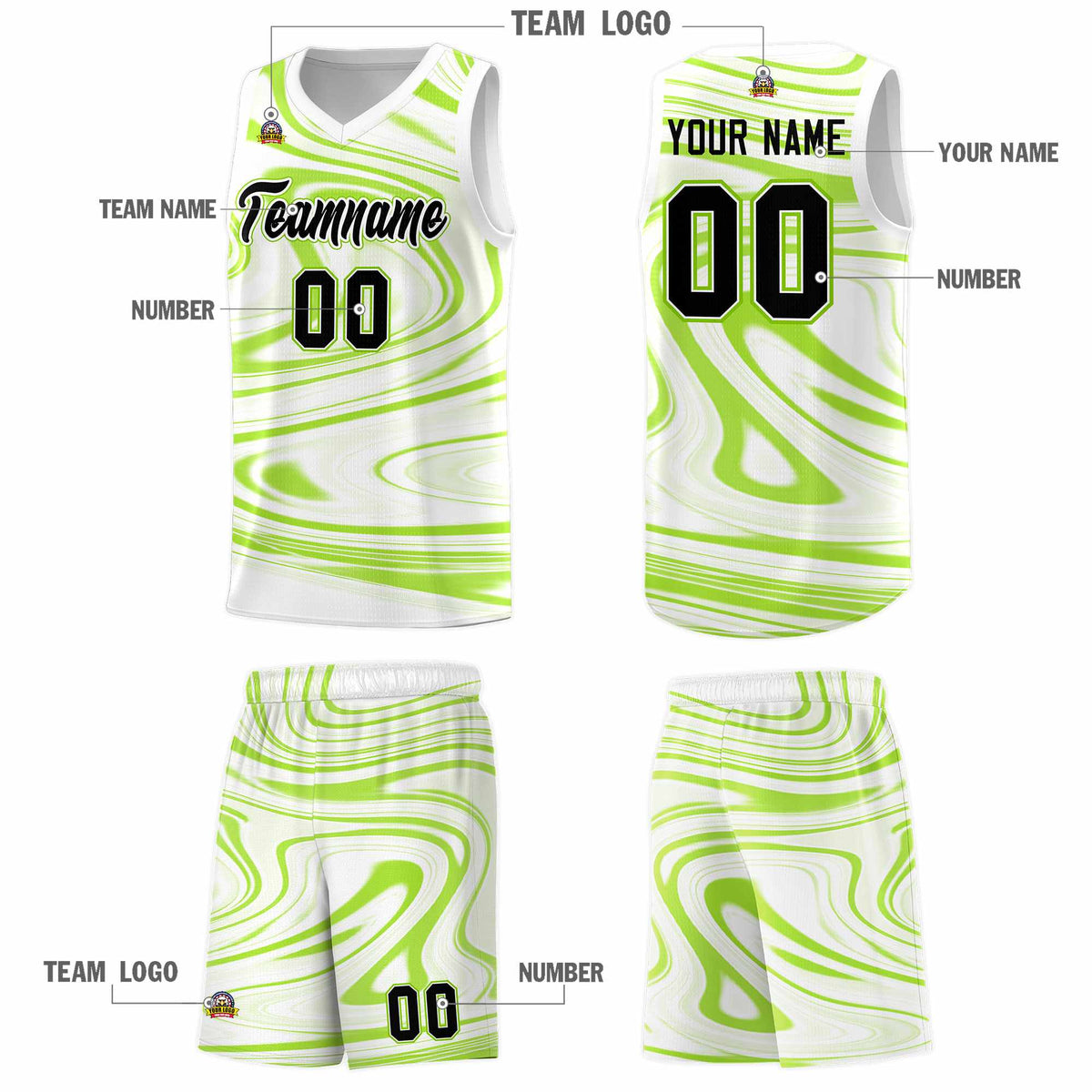 Custom White Light Green Graffiti Pattern Fluids Style Sports Uniform Basketball Jersey Sets