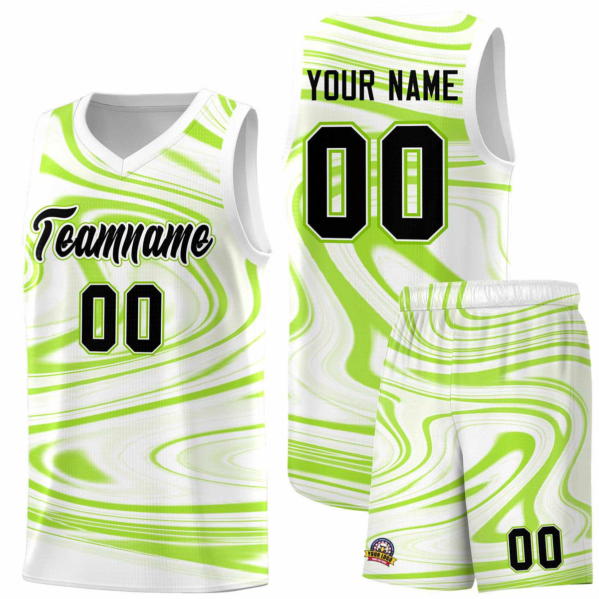 Custom White Light Green Graffiti Pattern Fluids Style Sports Uniform Basketball Jersey Sets