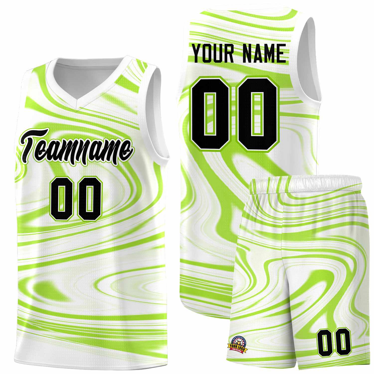 Custom White Light Green Graffiti Pattern Fluids Style Sports Uniform Basketball Jersey Sets