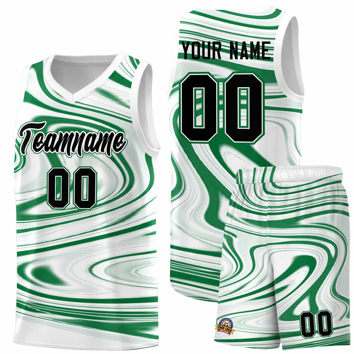 Custom White Kelly Green Graffiti Pattern Fluids Style Sports Uniform Basketball Jersey Sets