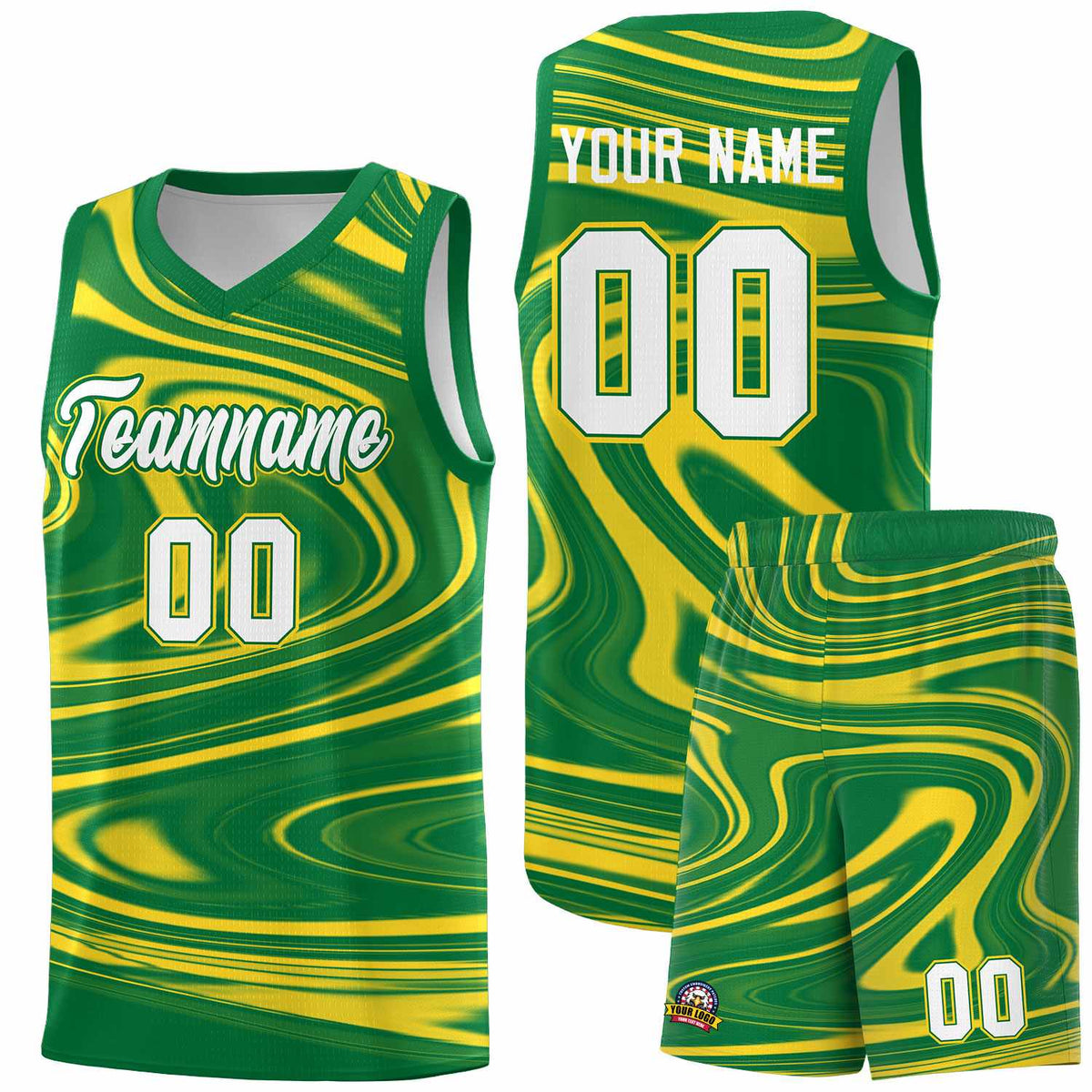 Custom Kelly Green Gold Graffiti Pattern Fluids Style Sports Uniform Basketball Jersey Sets