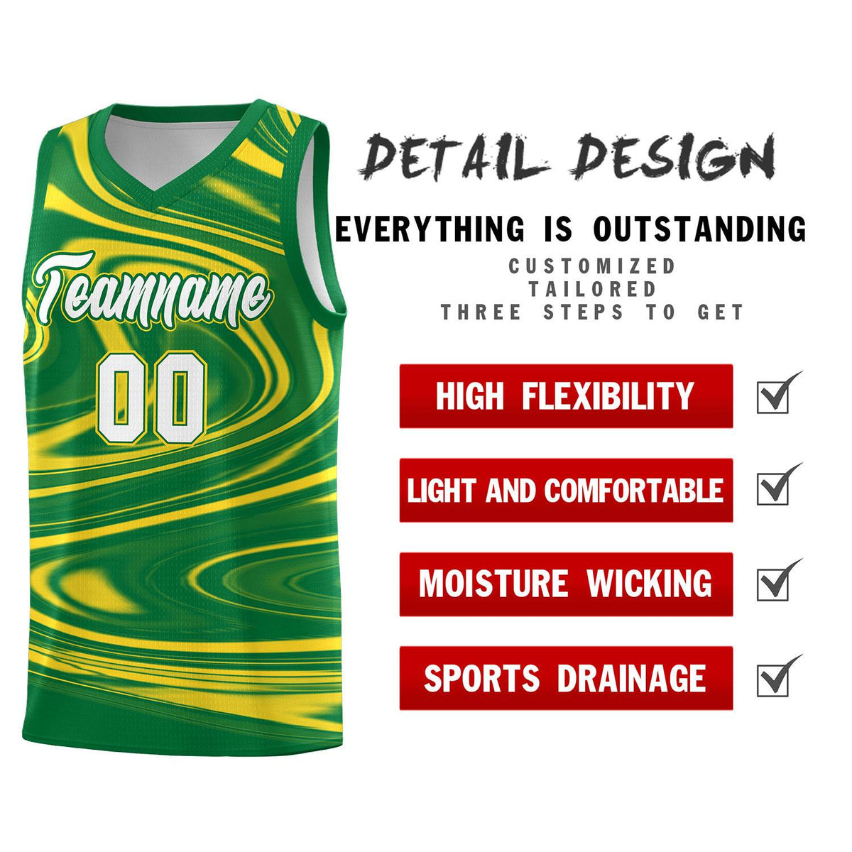 Custom Kelly Green Gold Graffiti Pattern Fluids Style Sports Uniform Basketball Jersey Sets
