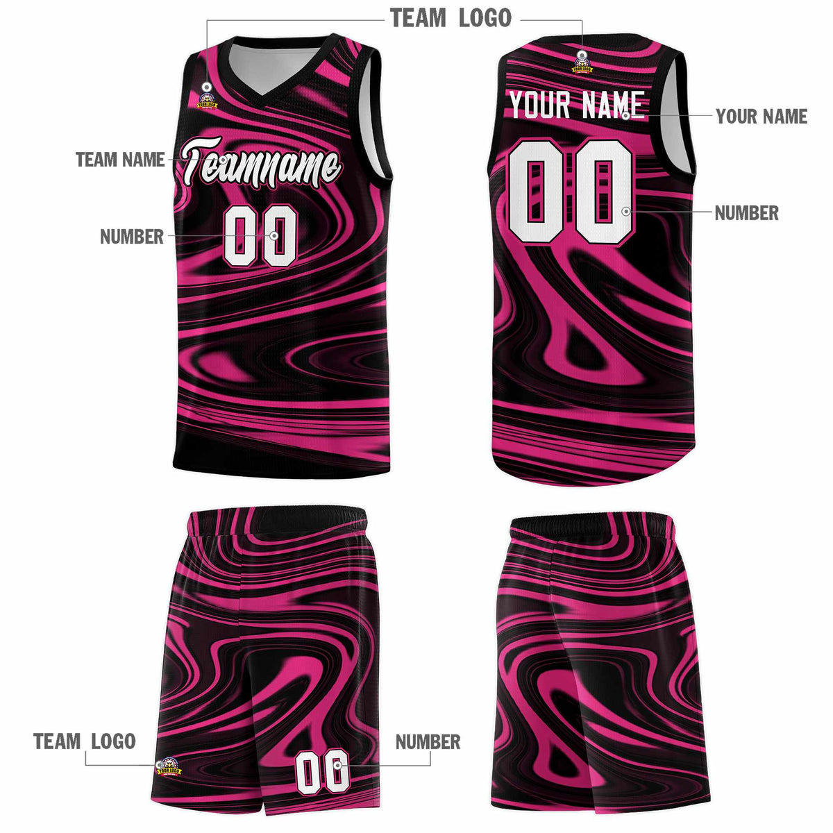 Custom Black Pink Graffiti Pattern Fluids Style Sports Uniform Basketball Jersey Sets