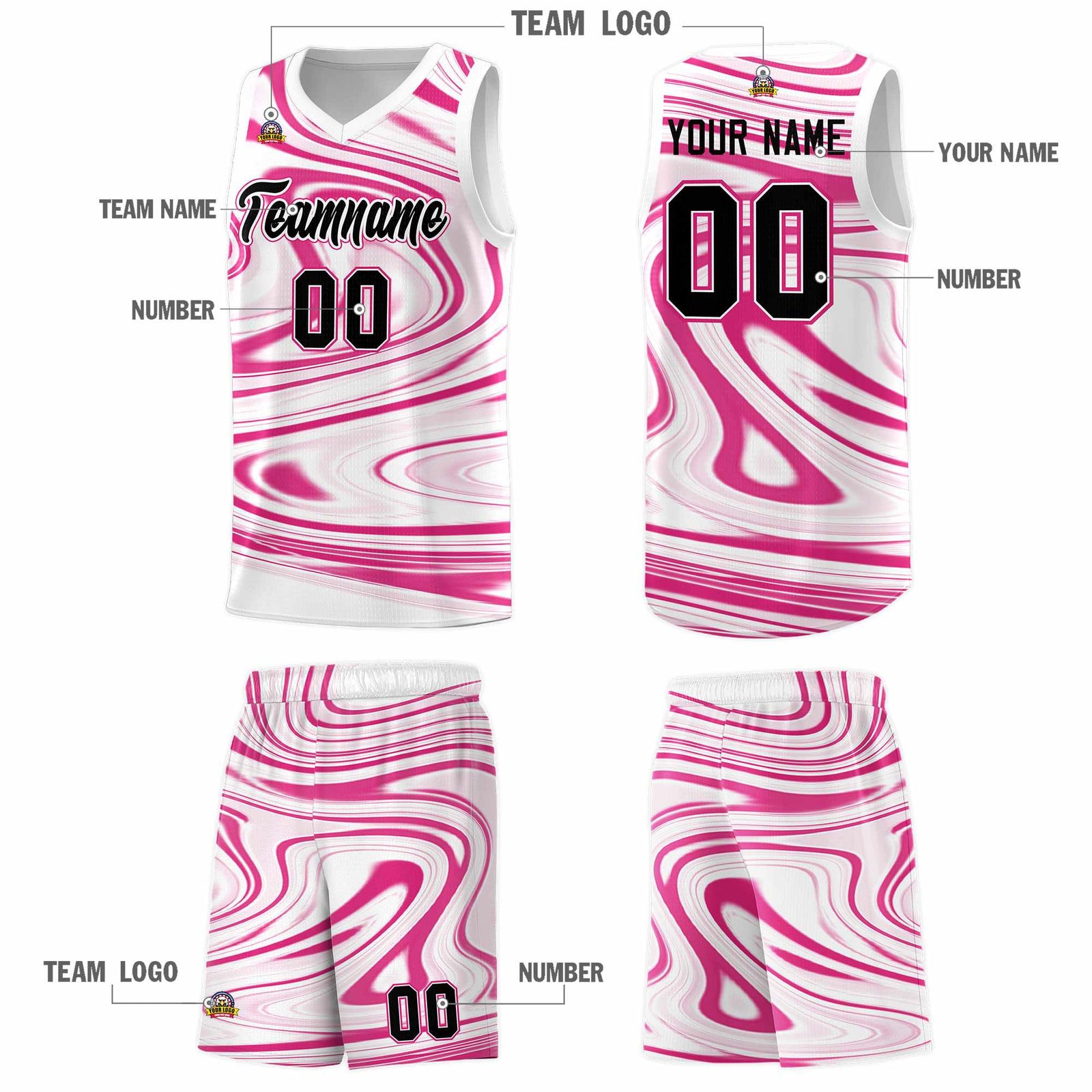 Custom White Pink Graffiti Pattern Fluids Style Sports Uniform Basketball Jersey Sets