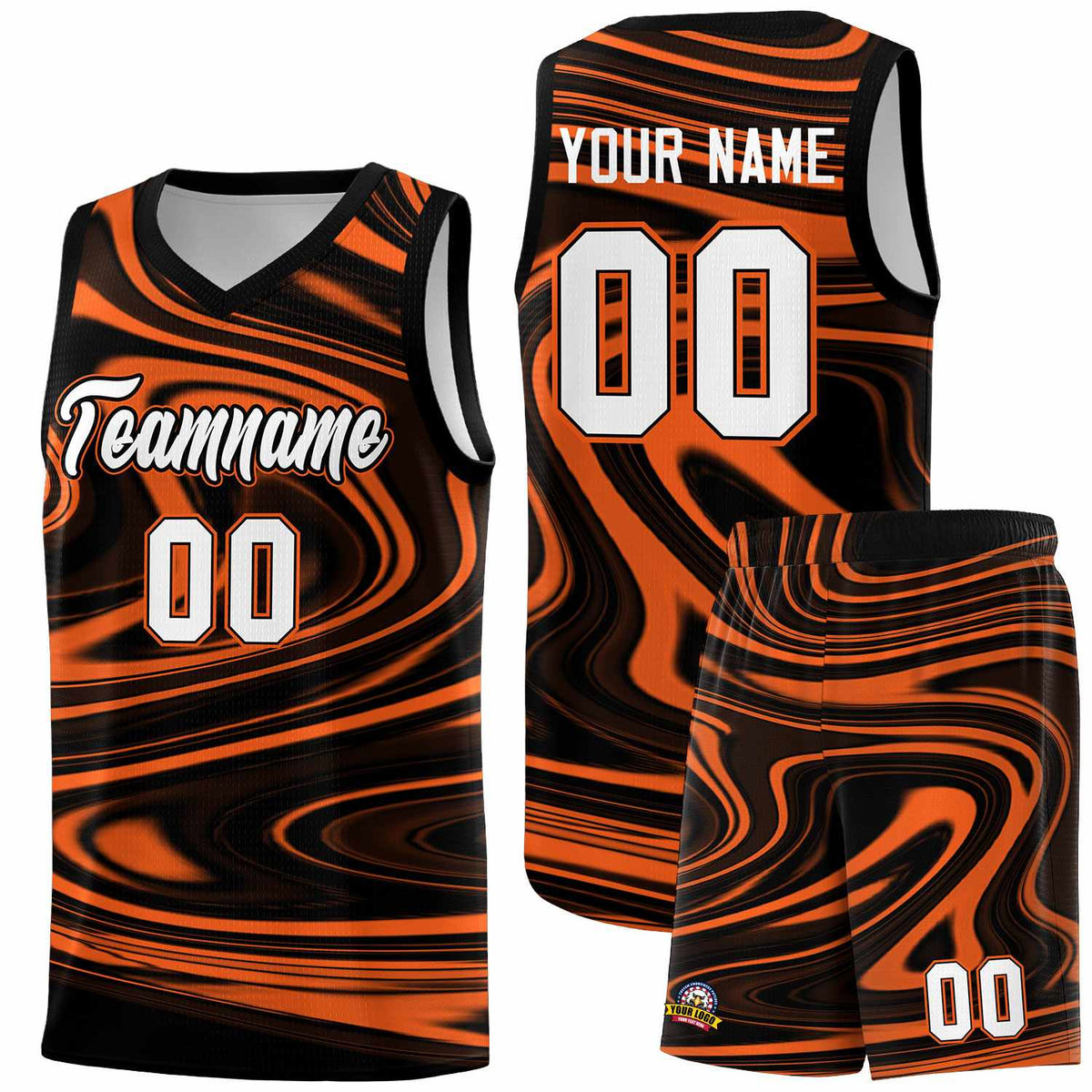 Custom Black Orange Graffiti Pattern Fluids Style Sports Uniform Basketball Jersey Sets