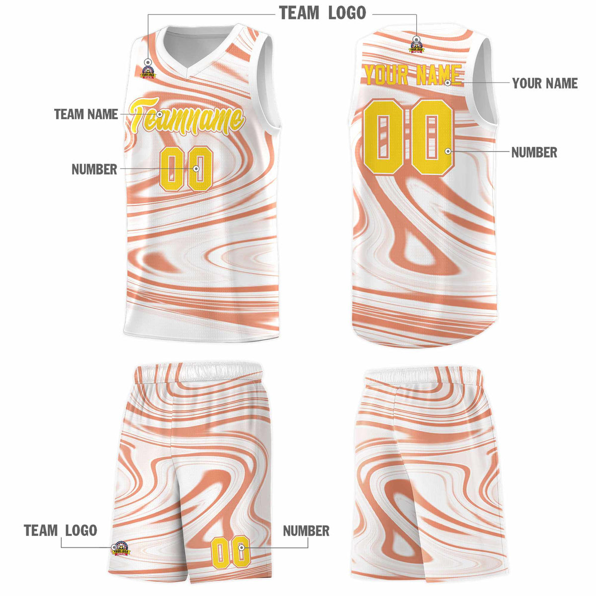 Custom White Light Orange Graffiti Pattern Fluids Style Sports Uniform Basketball Jersey Sets