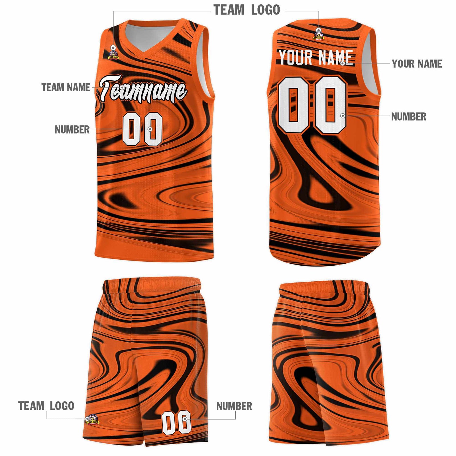 Custom Orange Black Graffiti Pattern Fluids Style Sports Uniform Basketball Jersey Sets
