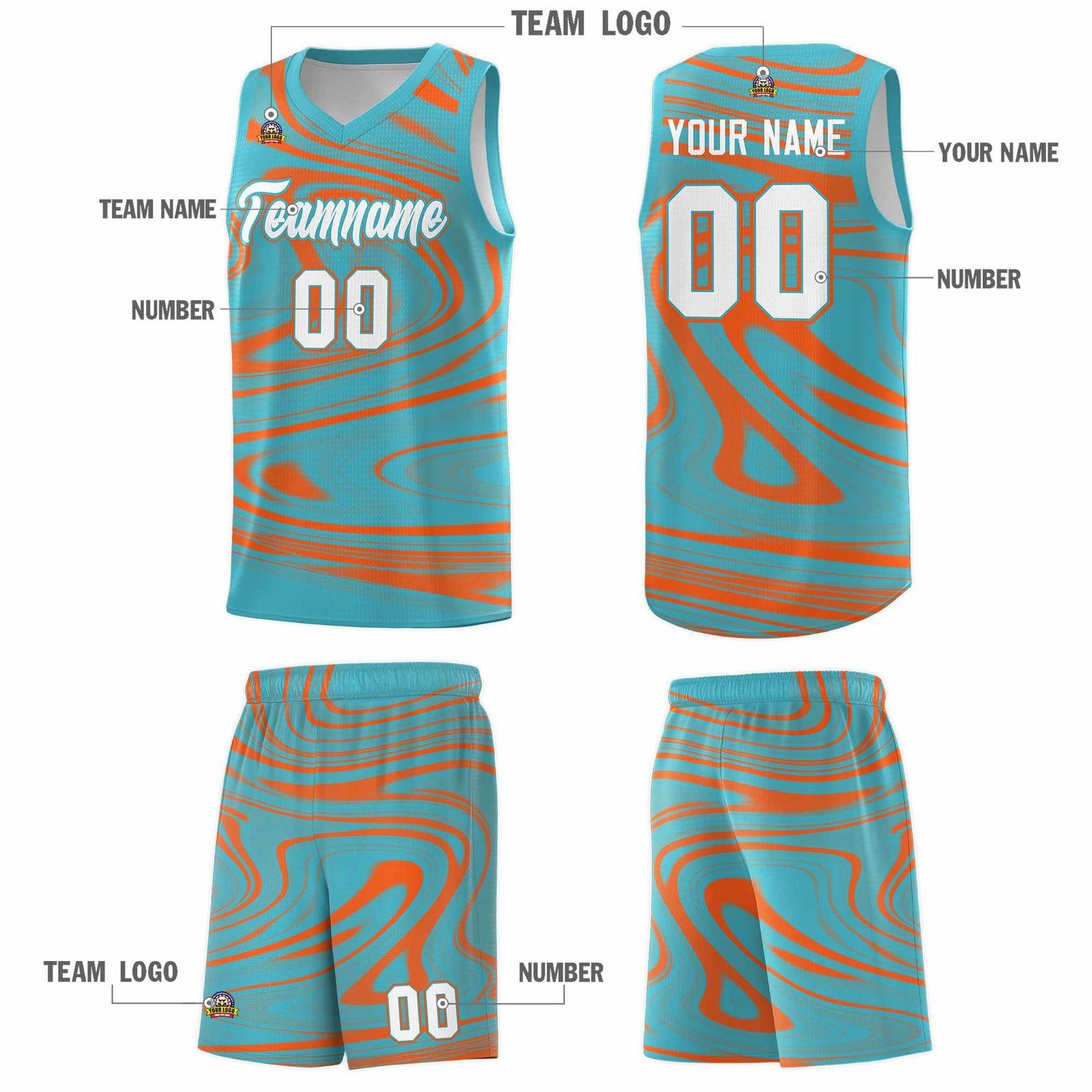 Custom Aqua Orange Graffiti Pattern Fluids Style Sports Uniform Basketball Jersey Sets