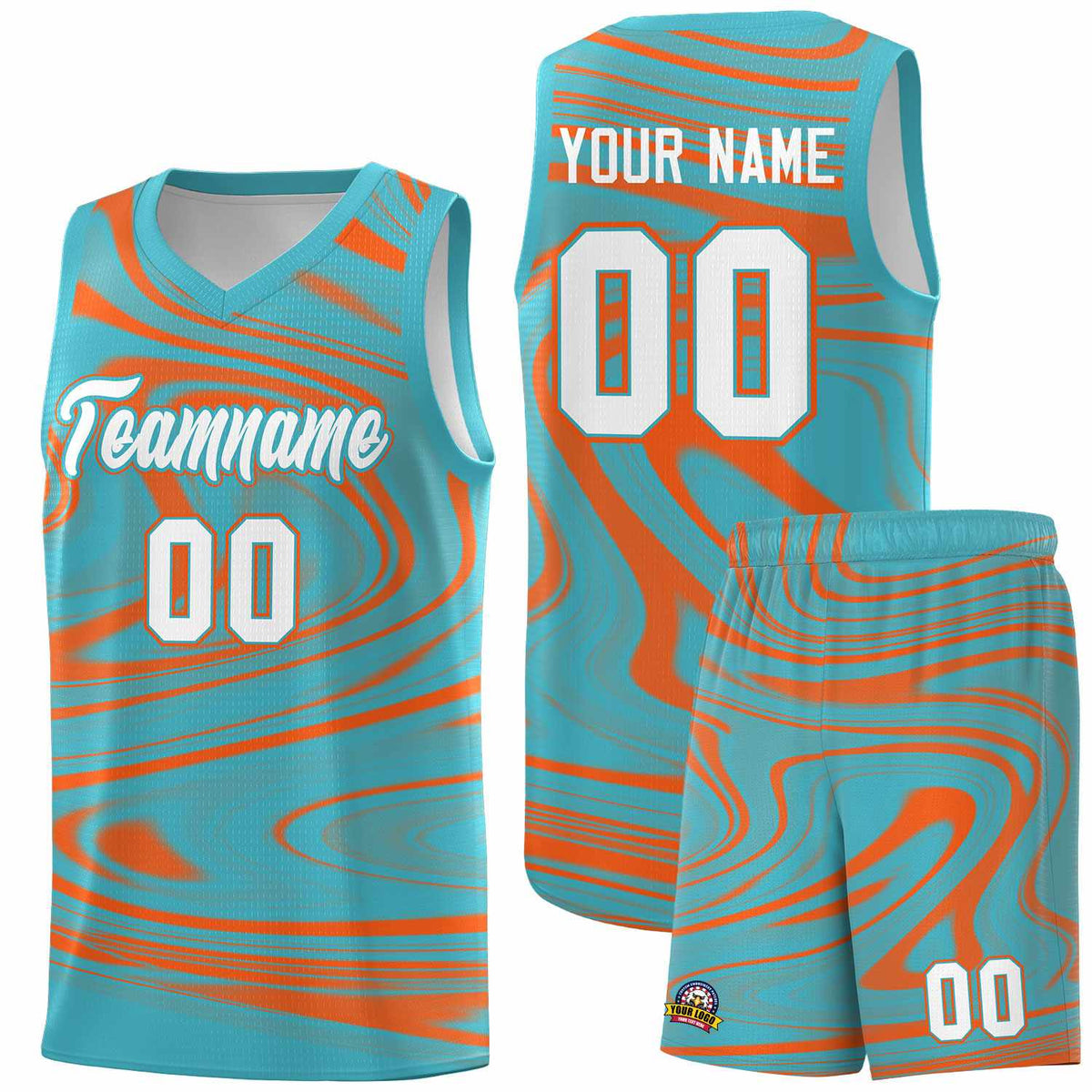 Custom Aqua Orange Graffiti Pattern Fluids Style Sports Uniform Basketball Jersey Sets