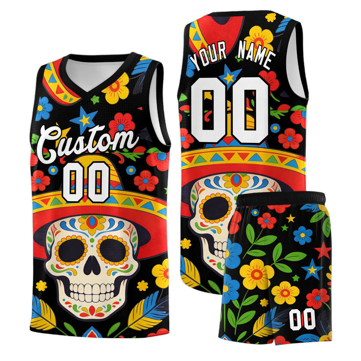 Custom Black Skeleton Mexican Colors Graffiti Patterns Breathable Uniform Basketball Jersey