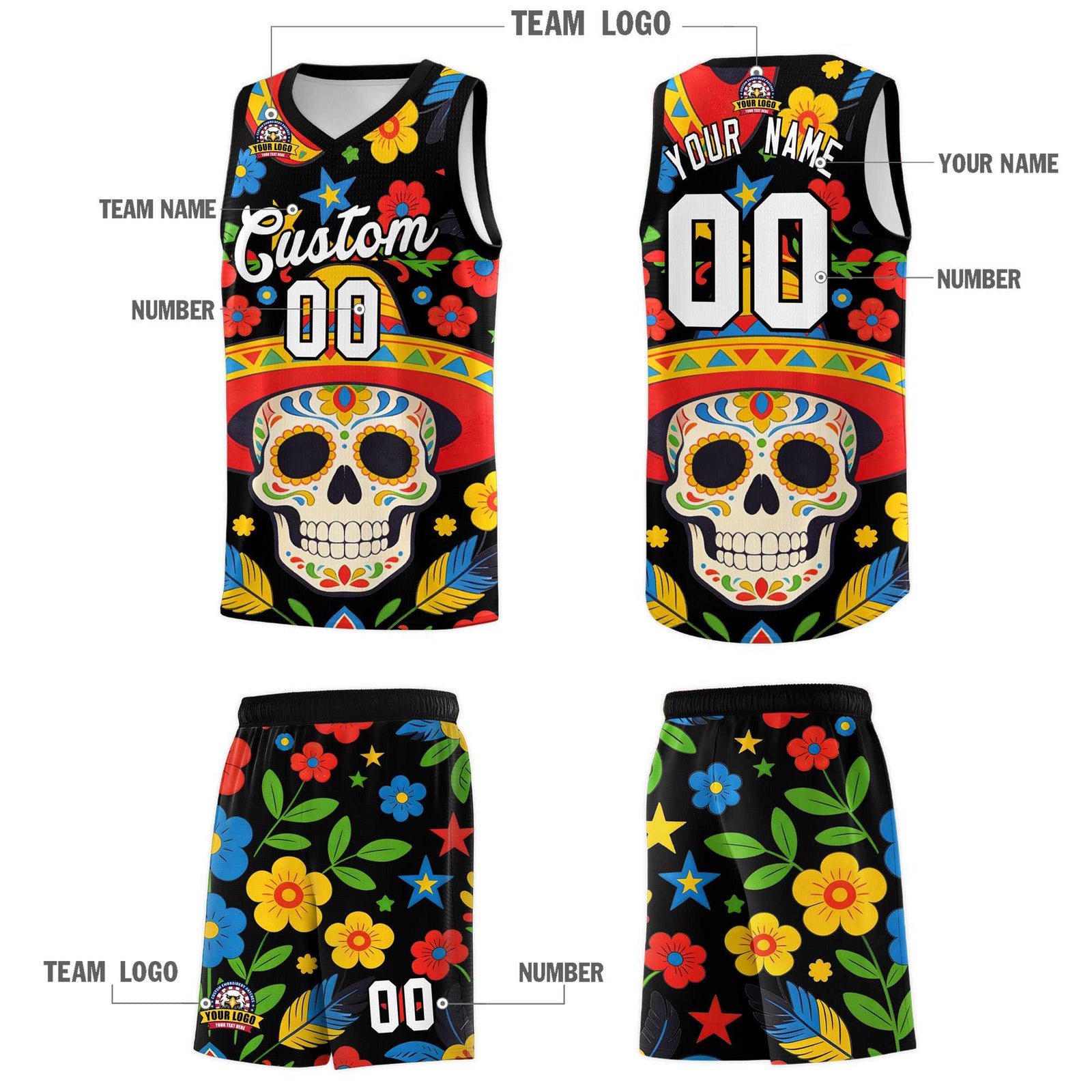 Custom Black Skeleton Mexican Colors Graffiti Patterns Breathable Uniform Basketball Jersey
