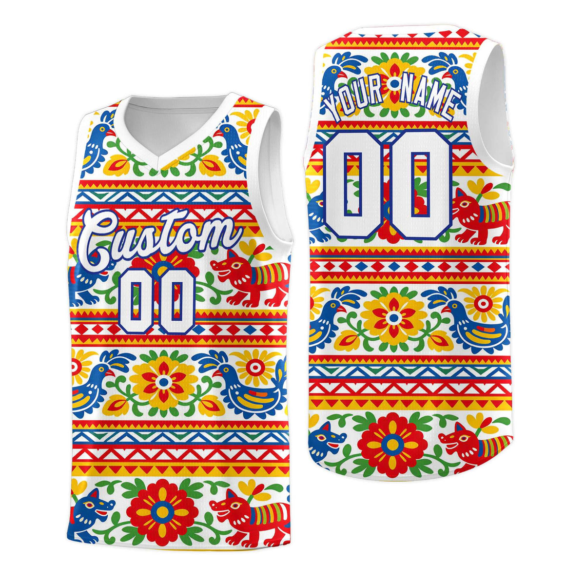 Custom White Colorfulflower pattern Mexican Colors Graffiti Patterns Quick-Drying Uniform Basketball Jersey