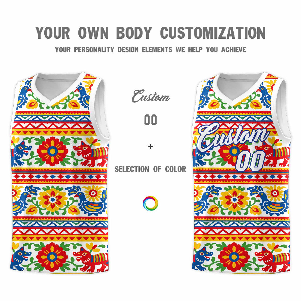 Custom White Colorfulflower pattern Mexican Colors Graffiti Patterns Quick-Drying Uniform Basketball Jersey