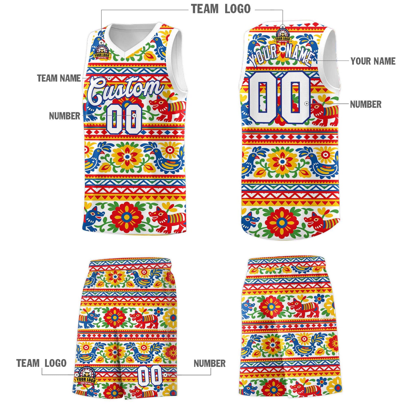 Custom White Colorfulflower pattern Mexican Colors Graffiti Patterns Quick-Drying Uniform Basketball Jersey