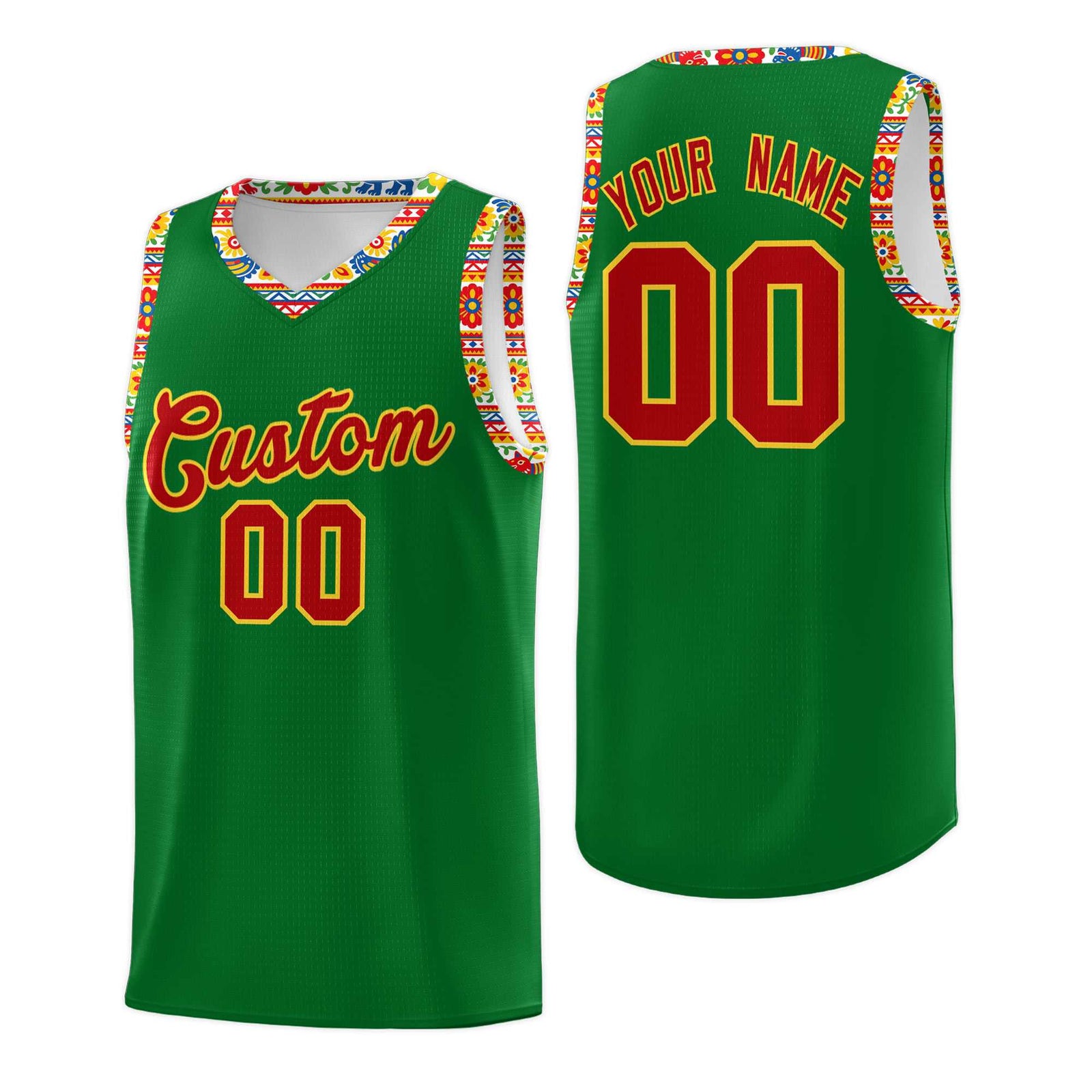 Custom Kelly Green Colorfulflower pattern Mexican Colors Graffiti Patterns Lightweight Uniform Basketball Jersey