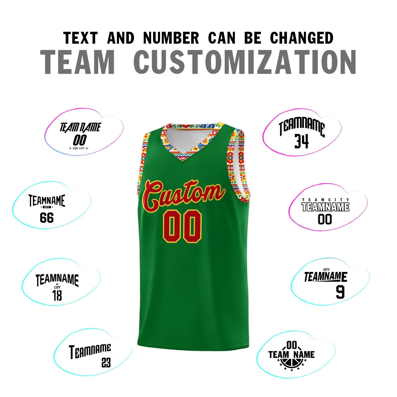 Custom Kelly Green Colorfulflower pattern Mexican Colors Graffiti Patterns Lightweight Uniform Basketball Jersey