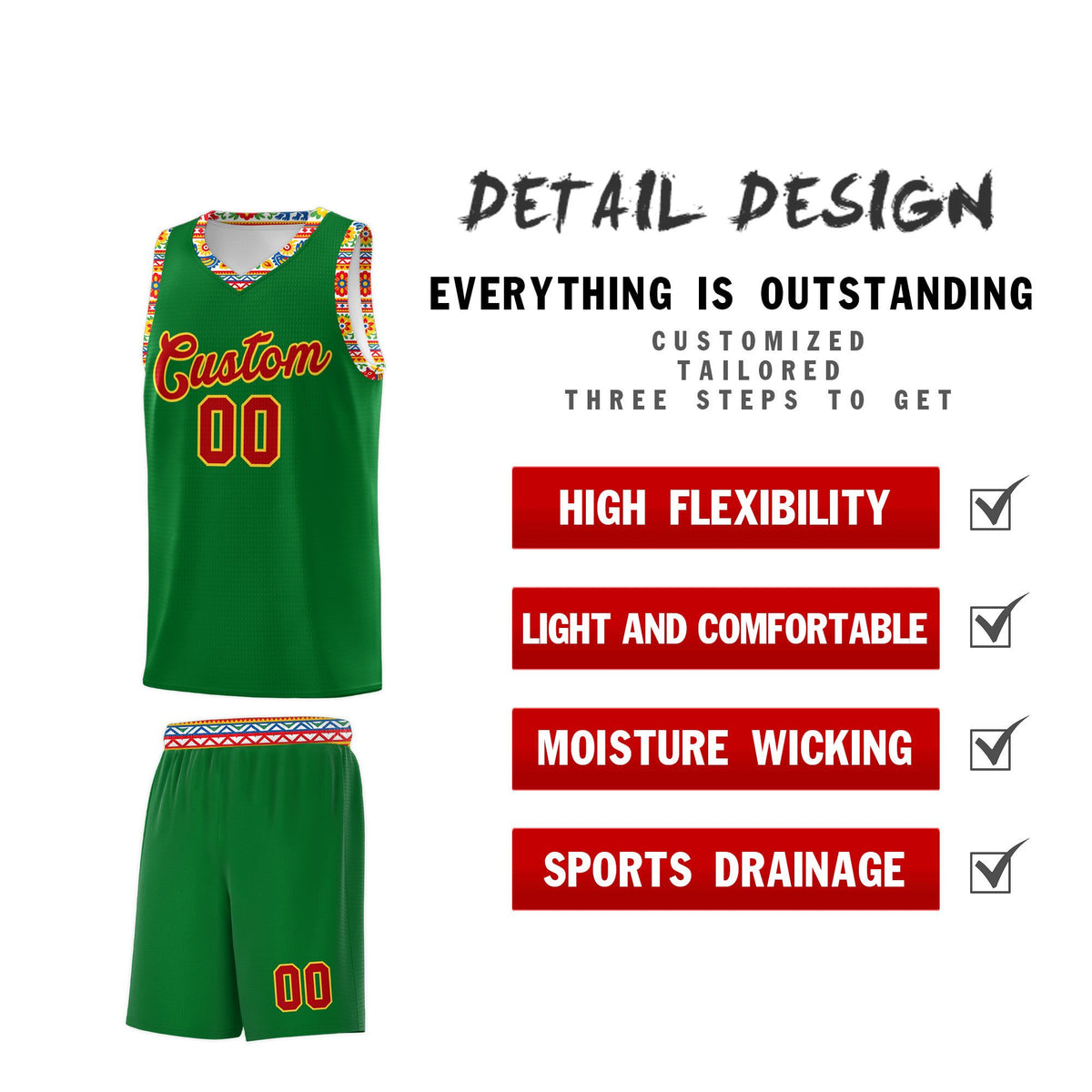Custom Kelly Green Colorfulflower pattern Mexican Colors Graffiti Patterns Lightweight Uniform Basketball Jersey