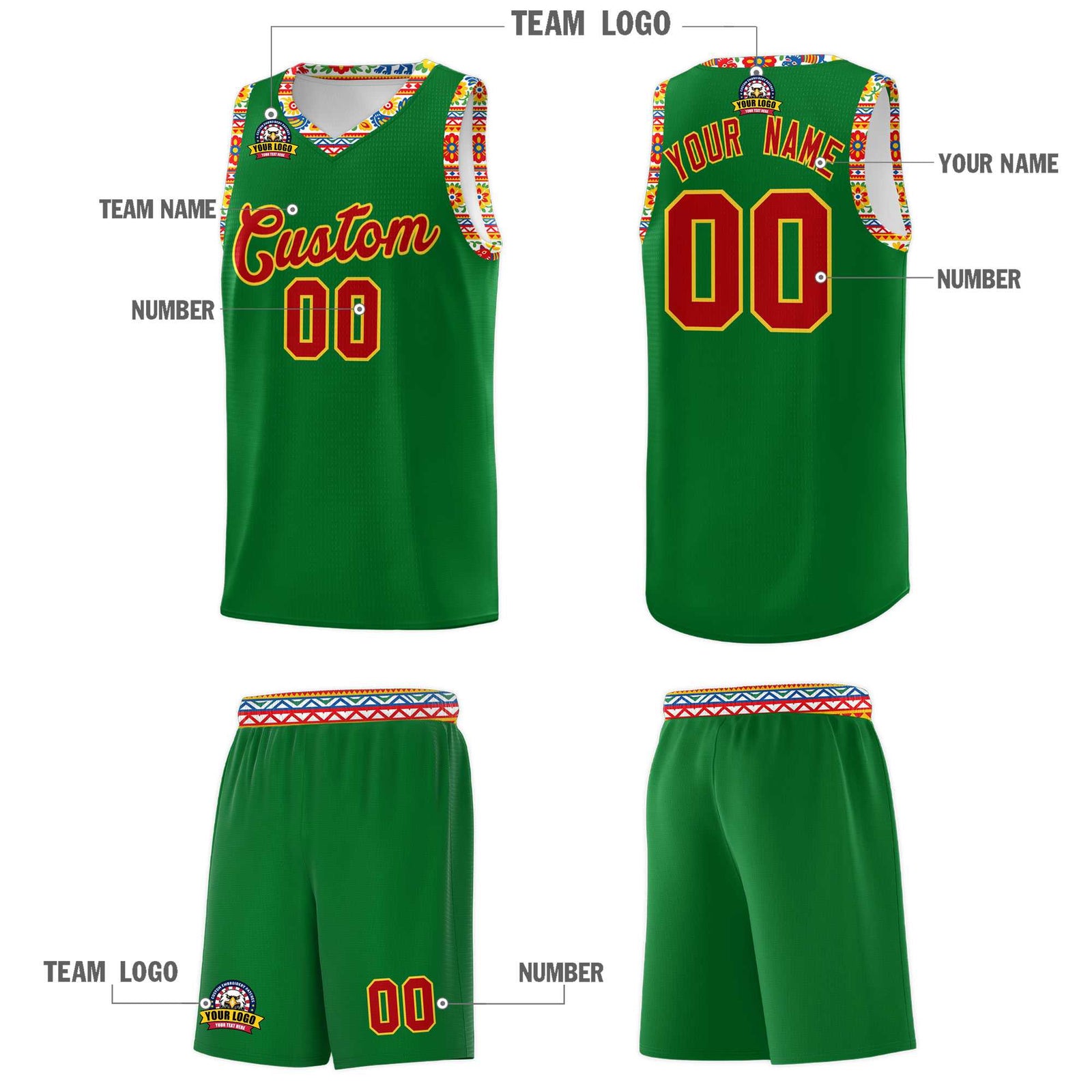 Custom Kelly Green Colorfulflower pattern Mexican Colors Graffiti Patterns Lightweight Uniform Basketball Jersey
