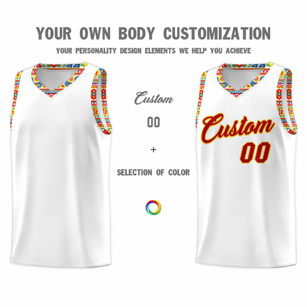 Custom White Colorfulflower pattern Mexican Colors Graffiti Patterns Wrinkle-Resistant Uniform Basketball Jersey