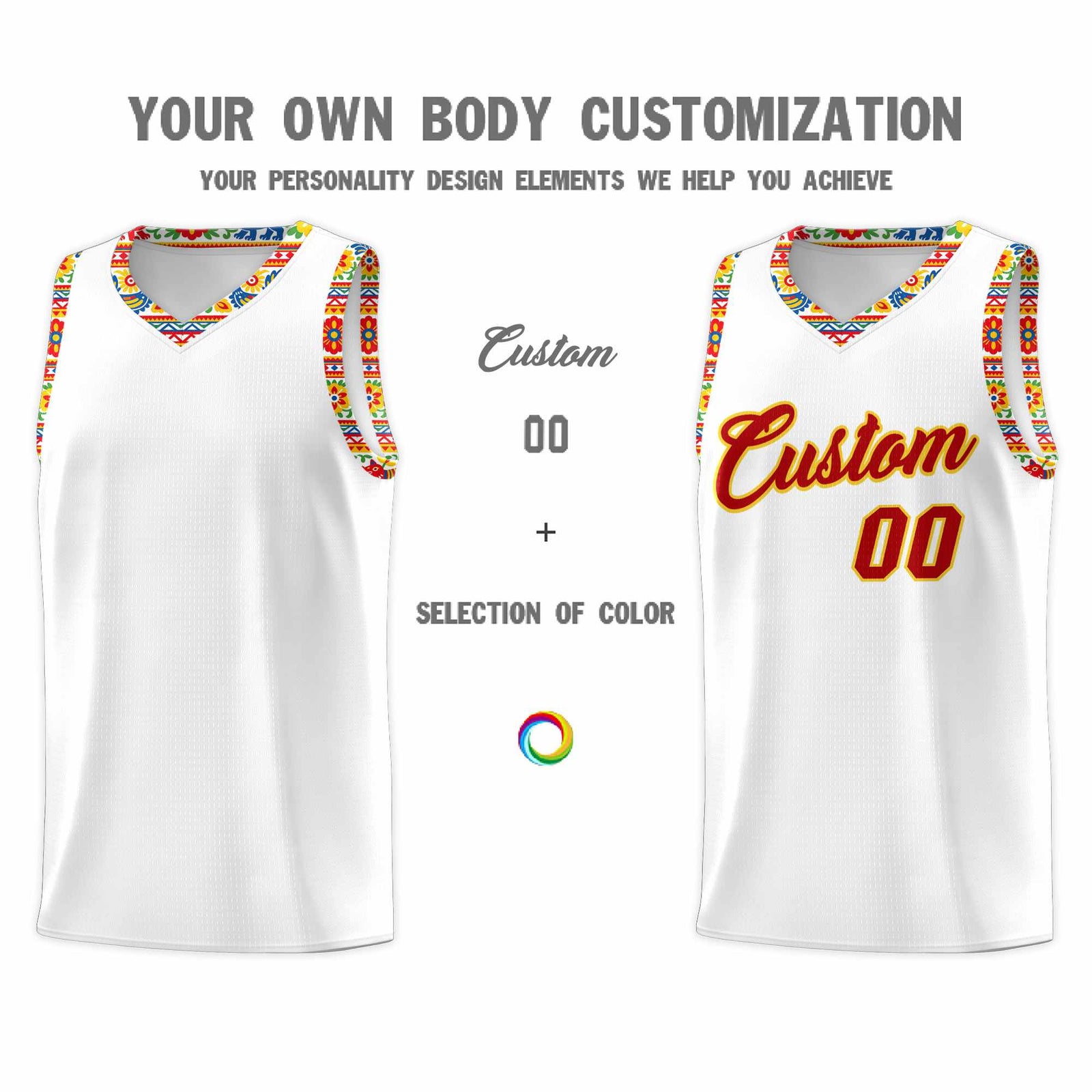 Custom White Colorfulflower pattern Mexican Colors Graffiti Patterns Wrinkle-Resistant Uniform Basketball Jersey