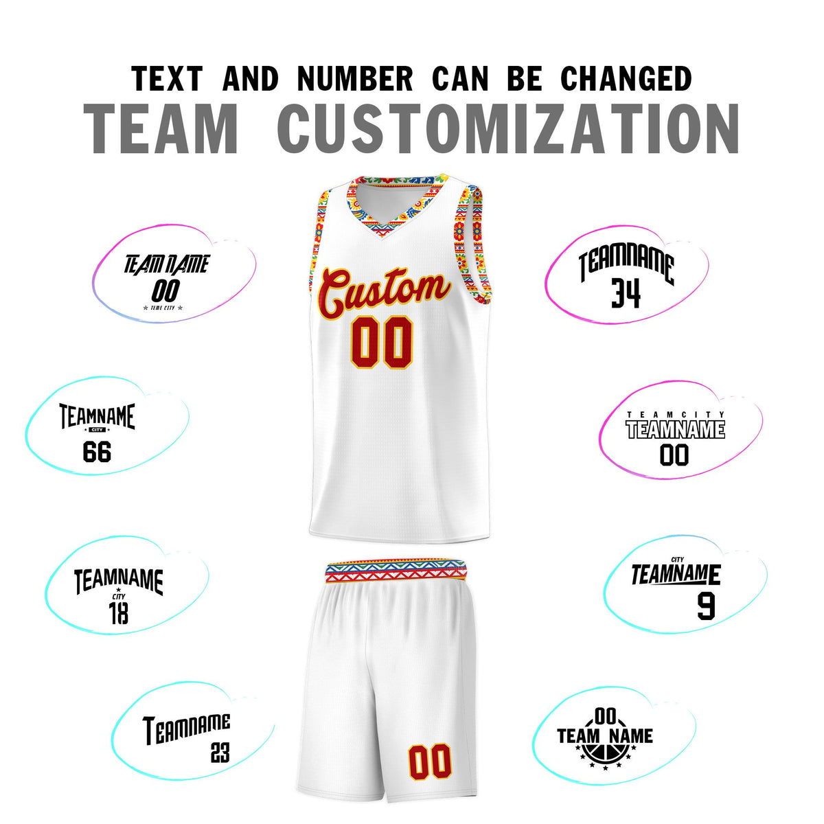 Custom White Colorfulflower pattern Mexican Colors Graffiti Patterns Wrinkle-Resistant Uniform Basketball Jersey