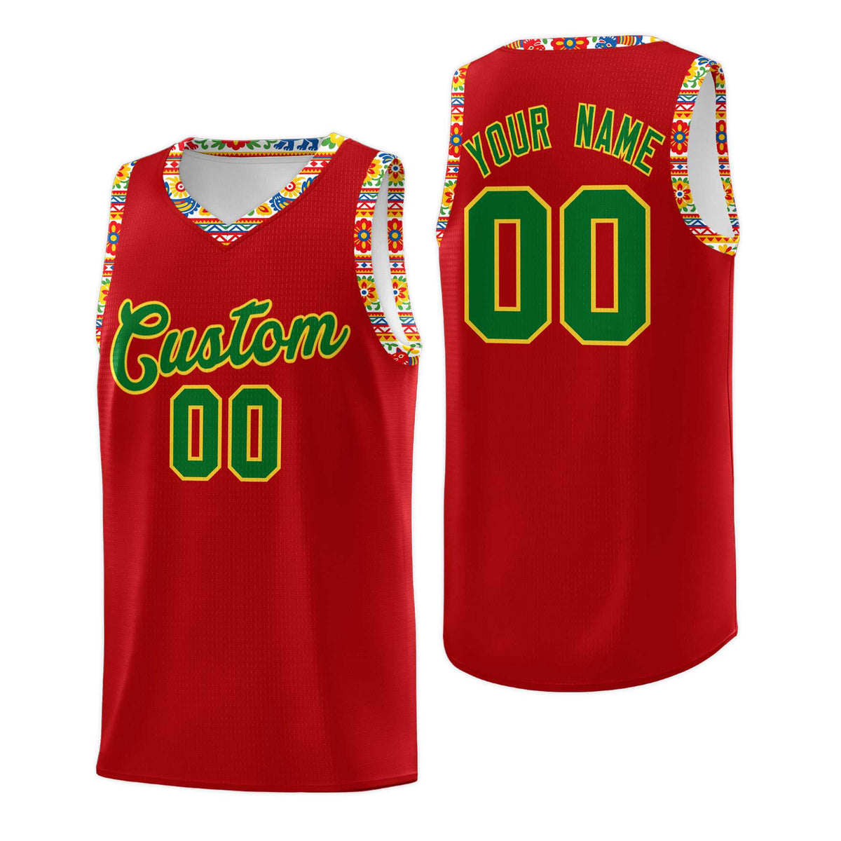 Custom Red Colorfulflower pattern Mexican Colors Graffiti Patterns Drapable Uniform Basketball Jersey