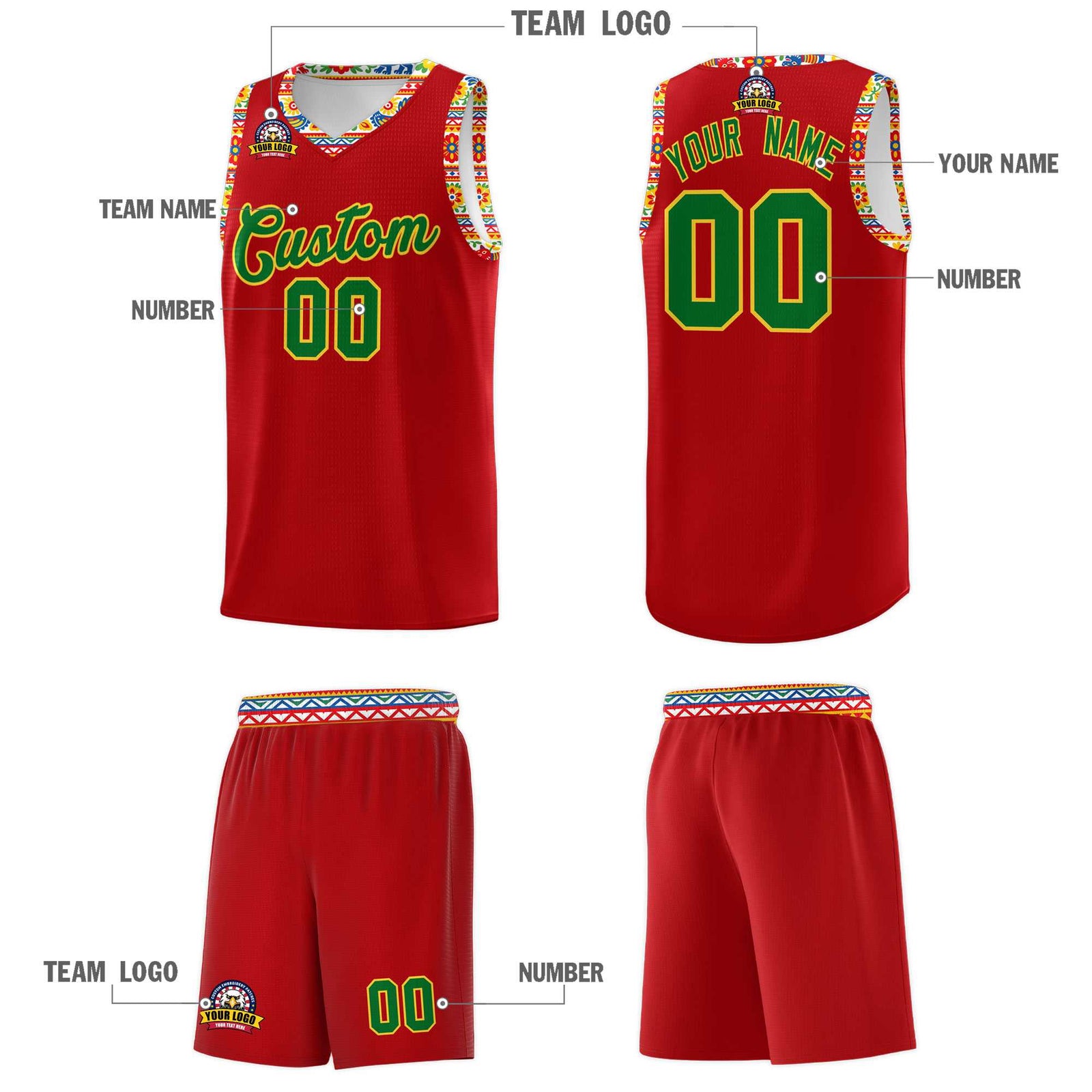 Custom Red Colorfulflower pattern Mexican Colors Graffiti Patterns Drapable Uniform Basketball Jersey