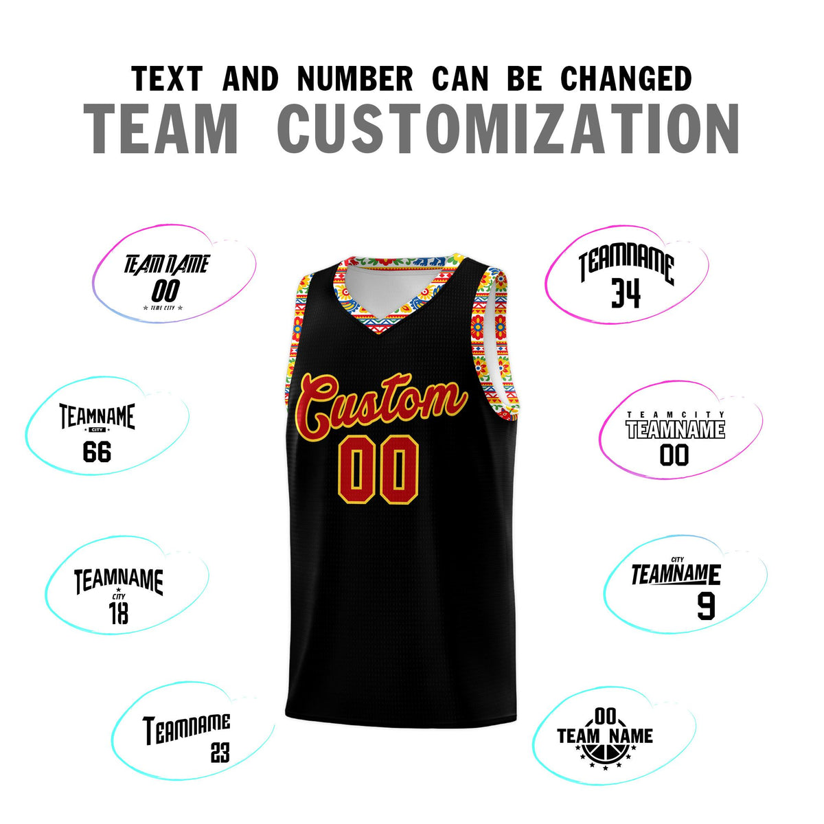 Custom Black Colorfulflower pattern Mexican Colors Graffiti Patterns Sublimation Printing Uniform Basketball Jersey