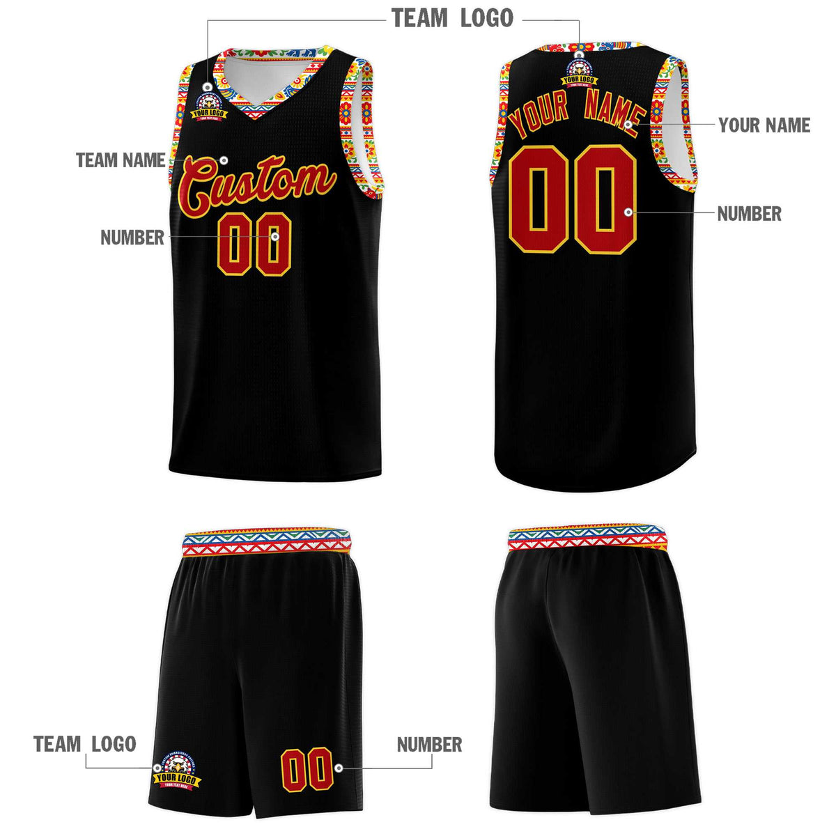 Custom Black Colorfulflower pattern Mexican Colors Graffiti Patterns Sublimation Printing Uniform Basketball Jersey