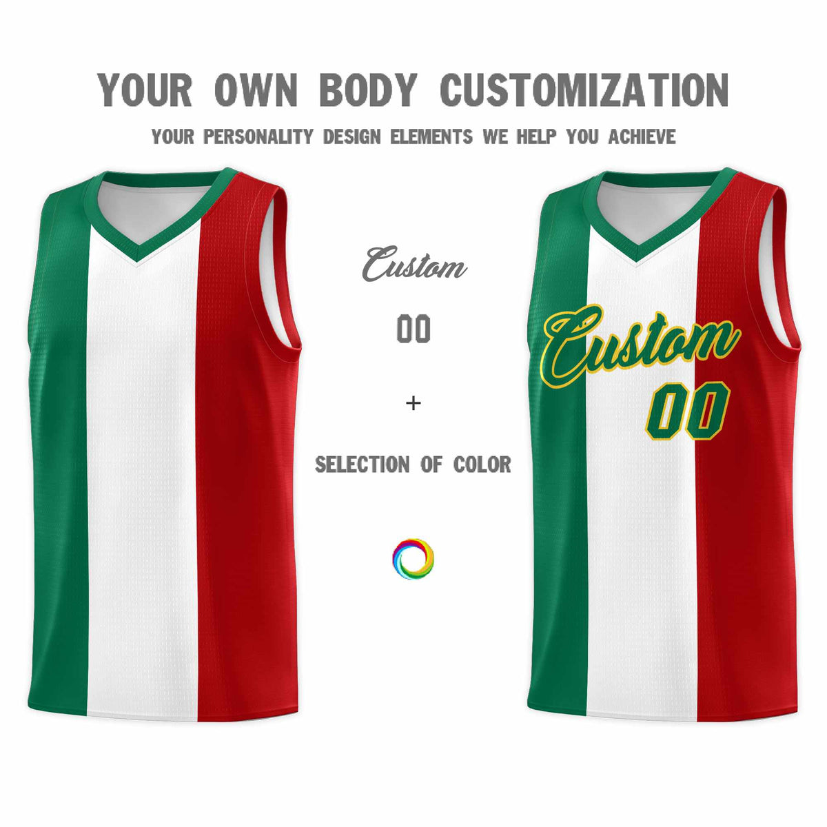 Custom White Kelly Green Red Mexican Colors Graffiti Patterns Breathable Uniform Basketball Jersey