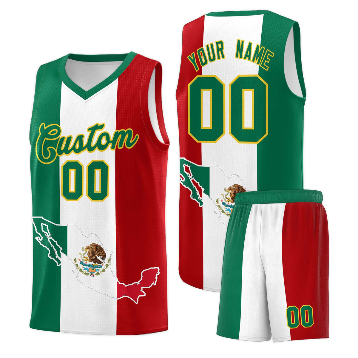 Custom White Kelly Green Red Mexican Colors Graffiti Patterns Quick-Drying Uniform Basketball Jersey