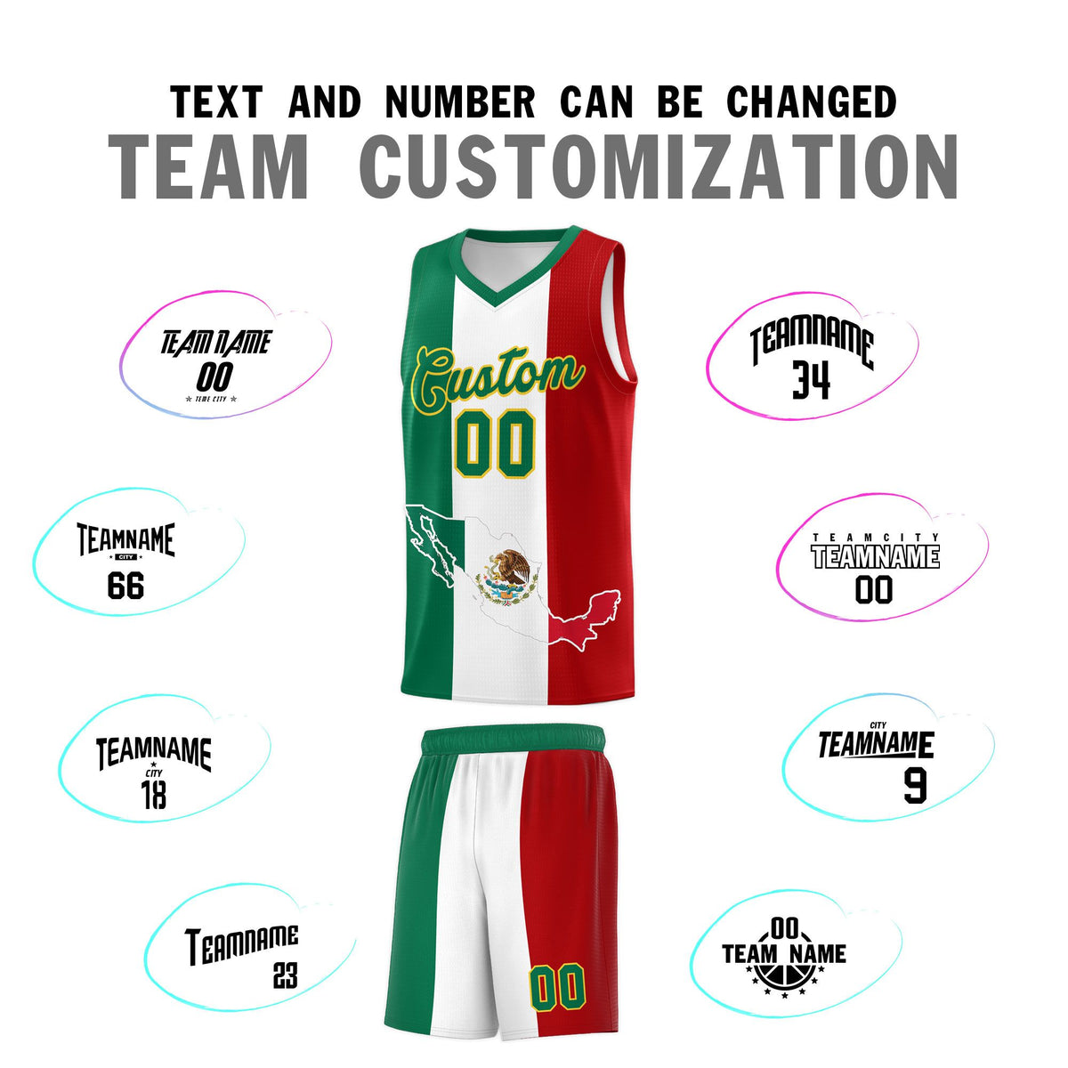 Custom White Kelly Green Red Mexican Colors Graffiti Patterns Quick-Drying Uniform Basketball Jersey