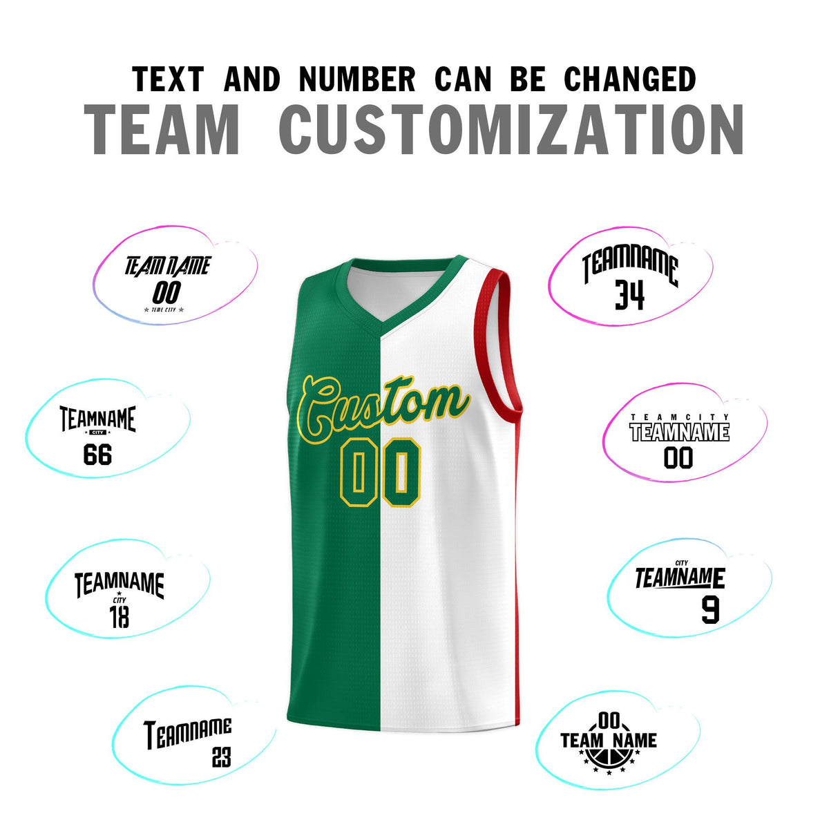 Custom White Kelly Green Red Mexican Colors Graffiti Patterns Lightweight Uniform Basketball Jersey