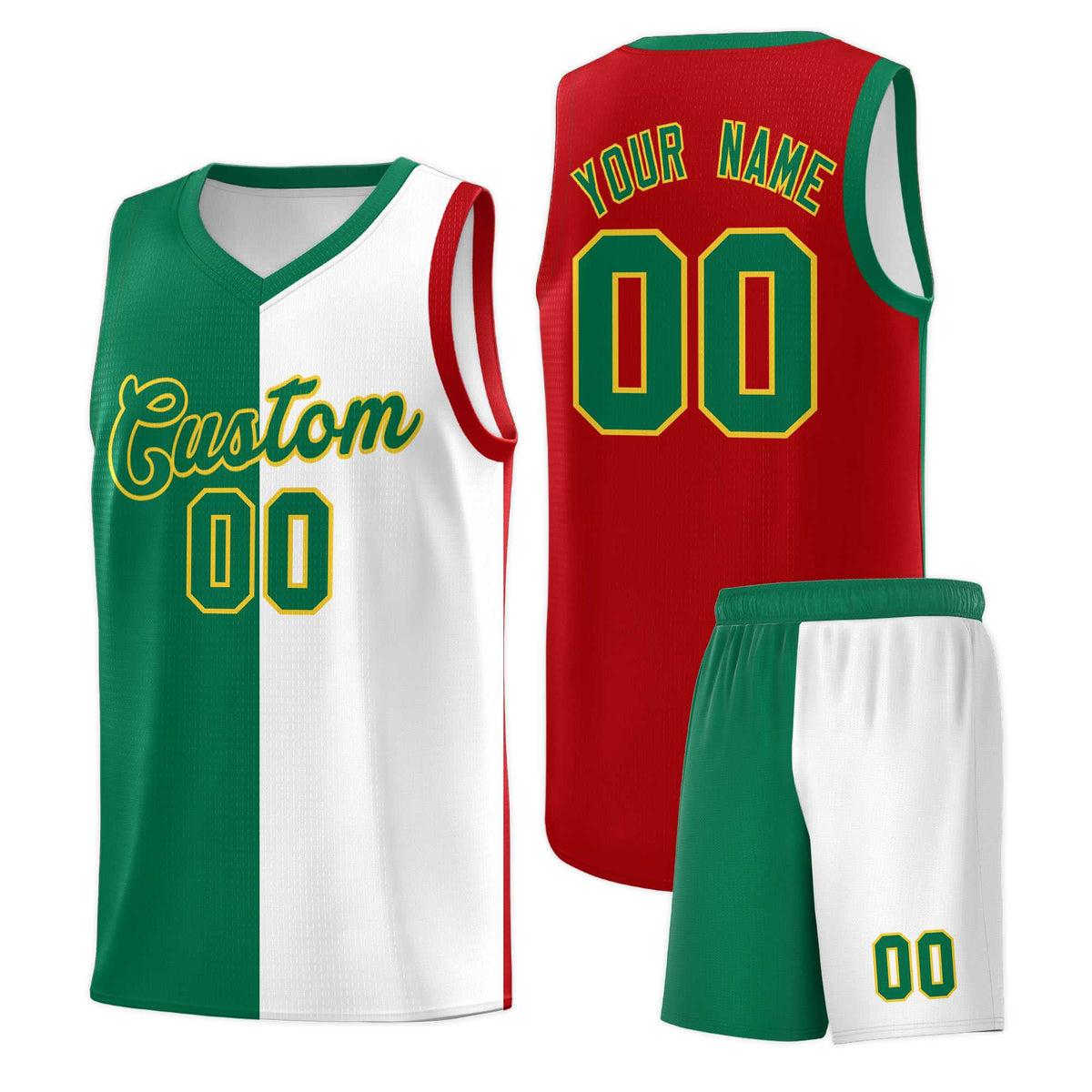 Custom White Kelly Green Red Mexican Colors Graffiti Patterns Lightweight Uniform Basketball Jersey
