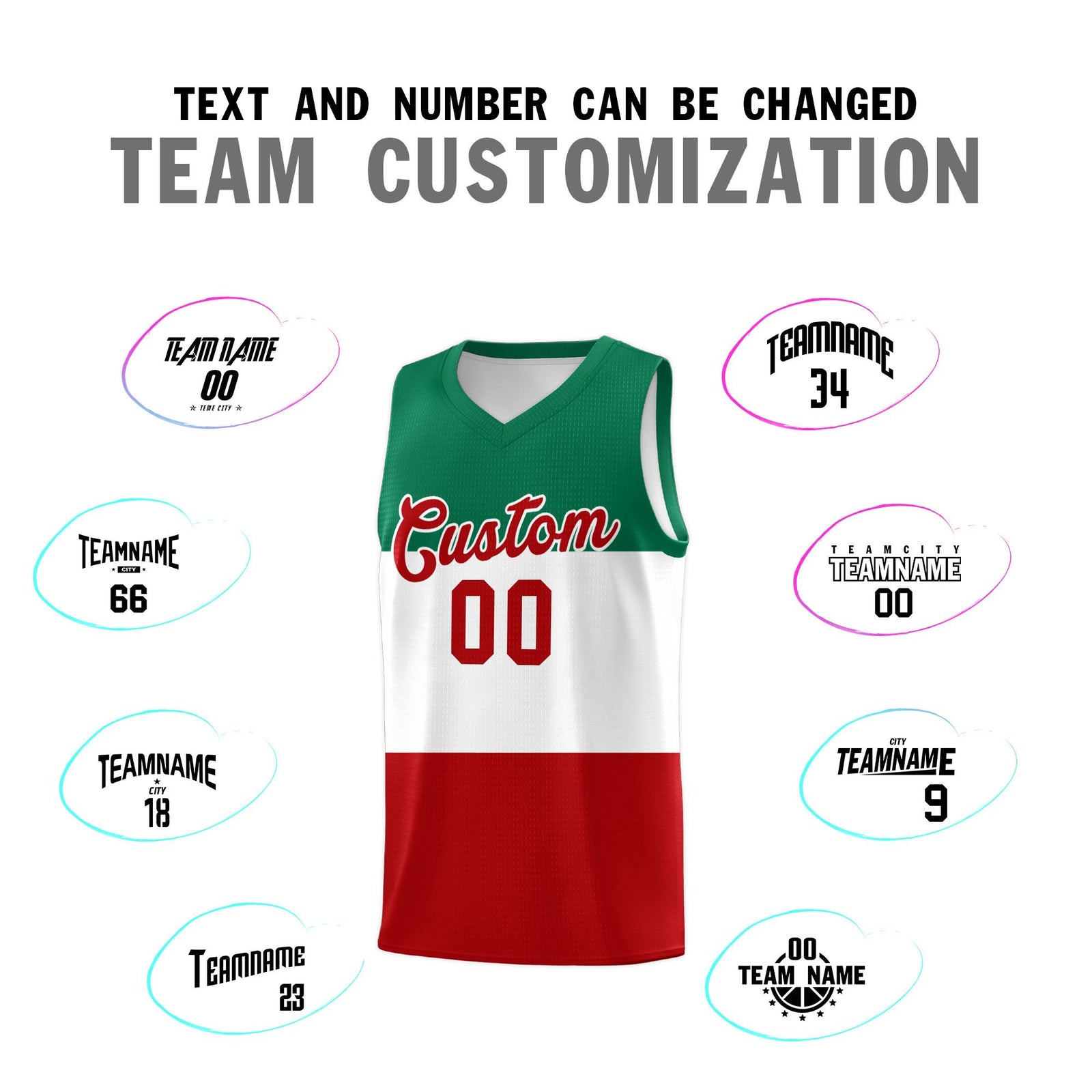 Custom White Kelly Green Red Mexican Colors Graffiti Patterns Drapable Uniform Basketball Jersey