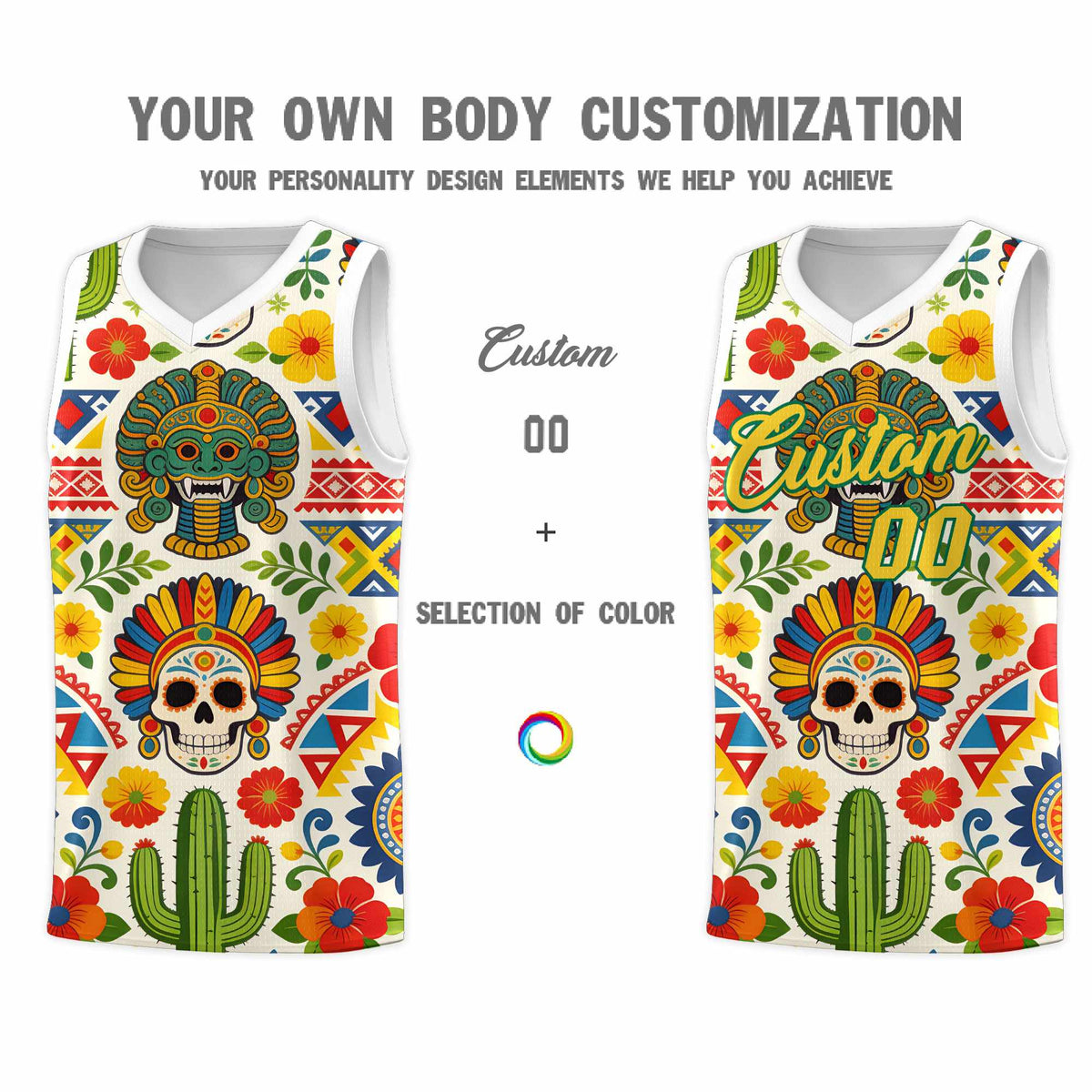 Custom White Skeleton Mexican Colors Graffiti Patterns Sublimation Printing Uniform Basketball Jersey