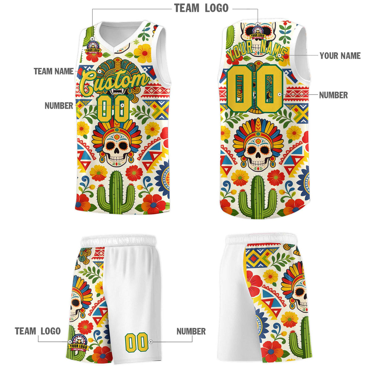 Custom White Skeleton Mexican Colors Graffiti Patterns Sublimation Printing Uniform Basketball Jersey