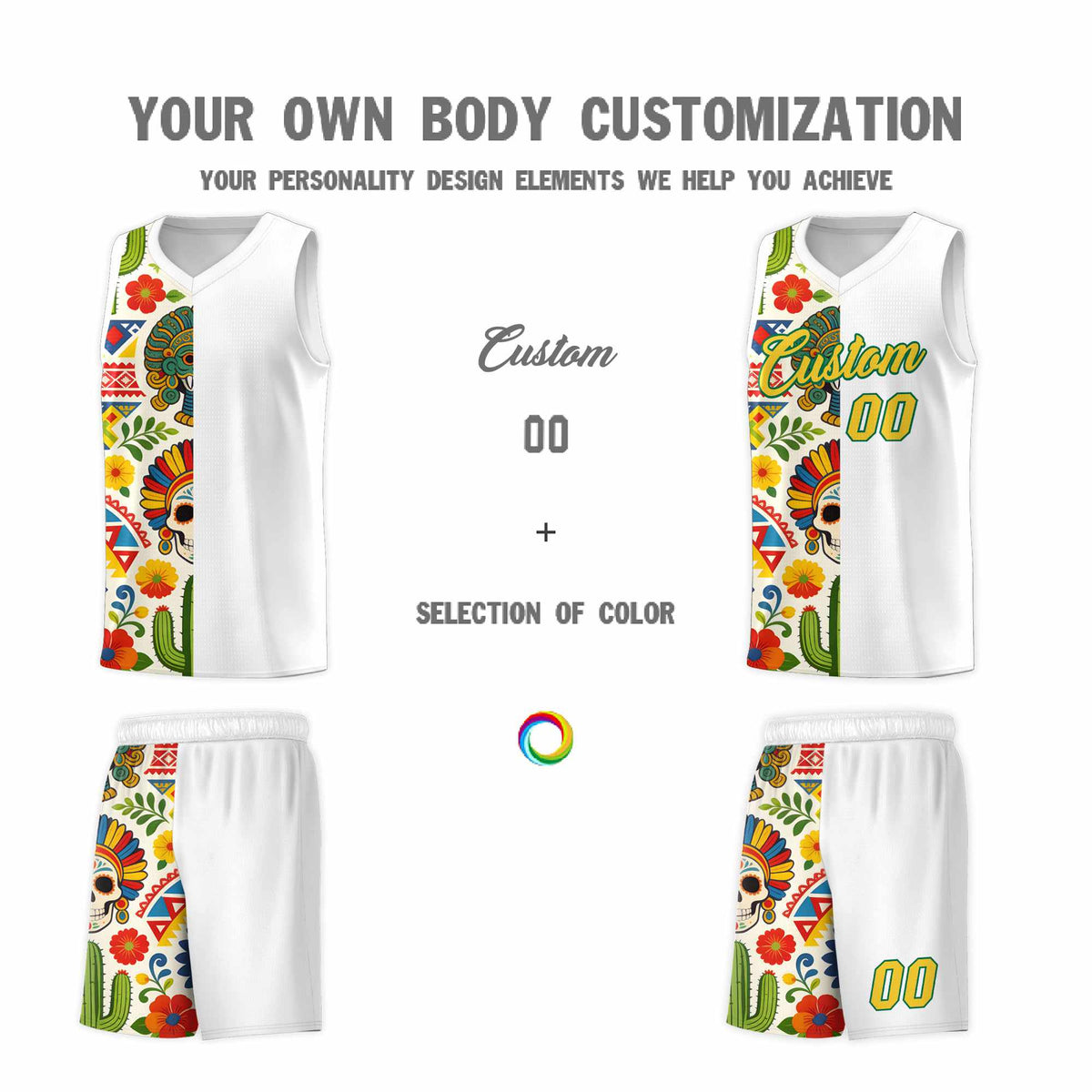 Custom White Skeleton Mexican Colors Graffiti Patterns Breathable Uniform Basketball Jersey