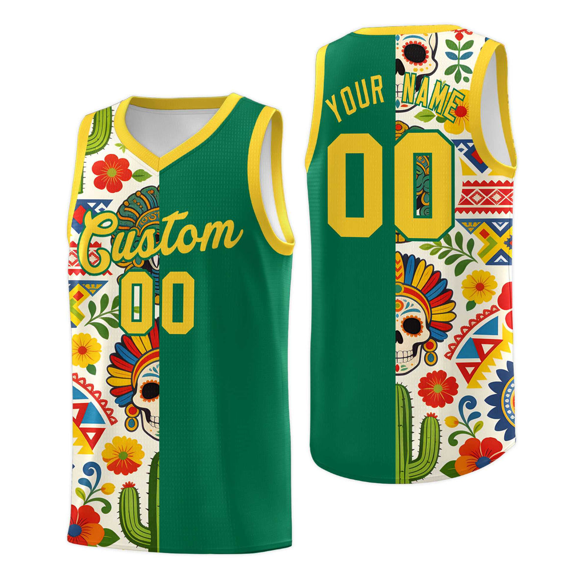 Custom Kelly Green Skeleton Mexican Colors Graffiti Patterns Quick-Drying Uniform Basketball Jersey